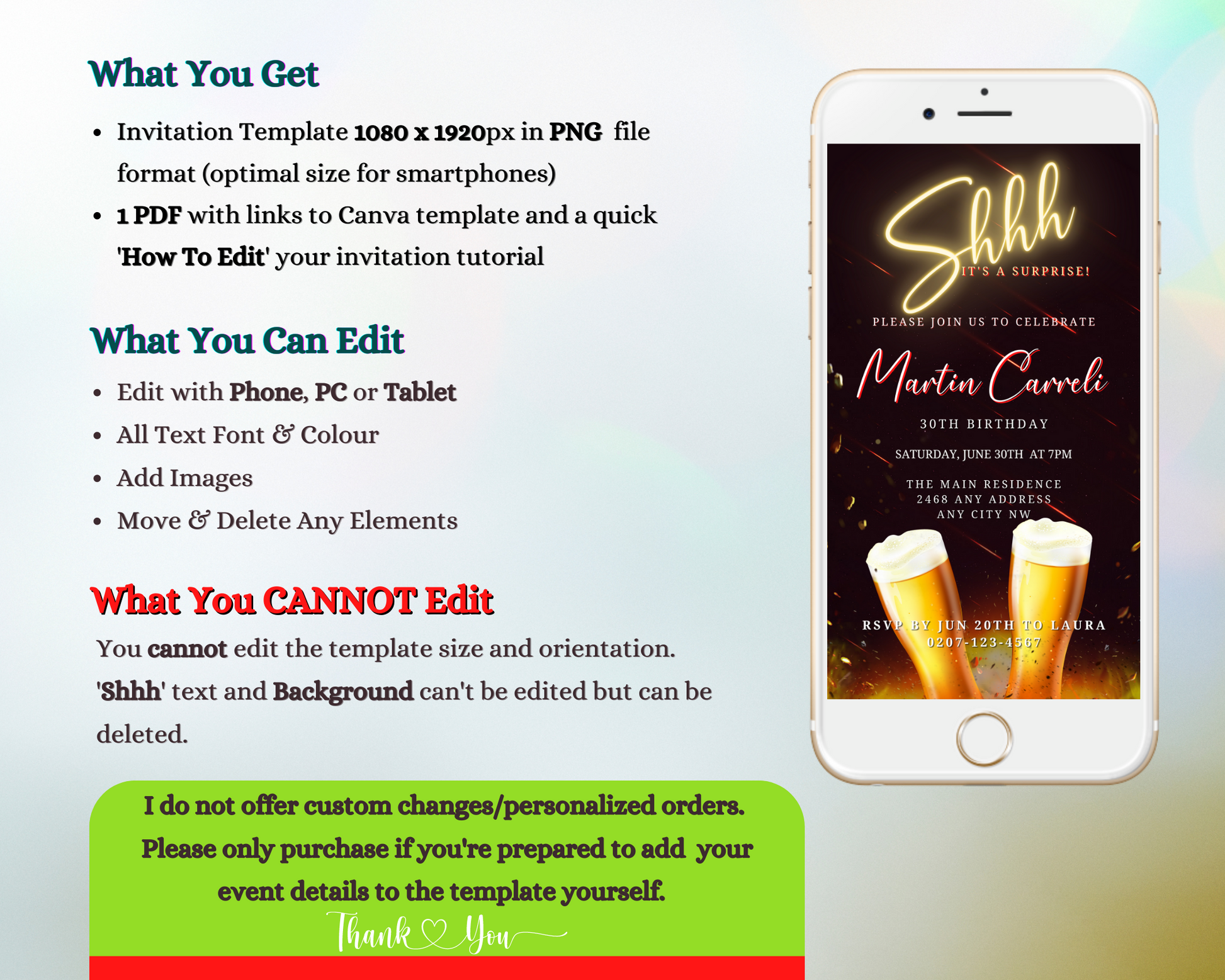 Customizable Digital Gold Neon Beer Men's Surprise Party Evite displayed on a smartphone screen, accompanied by glasses of beer in the background.