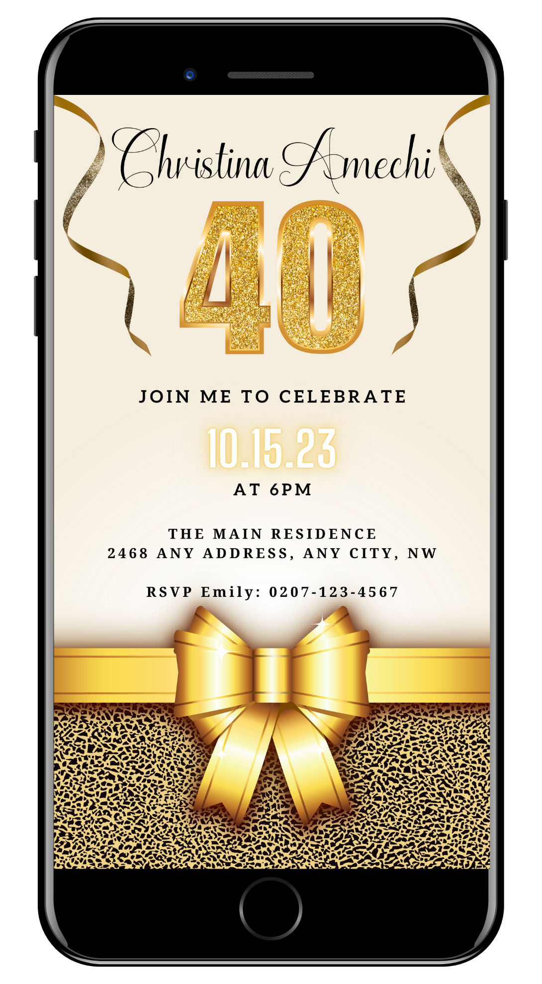 Customizable Beige Gold Leopard 40th Birthday Evite for smartphones, featuring a digital invitation template with a gold ribbon and bow, editable via Canva for easy personalization.