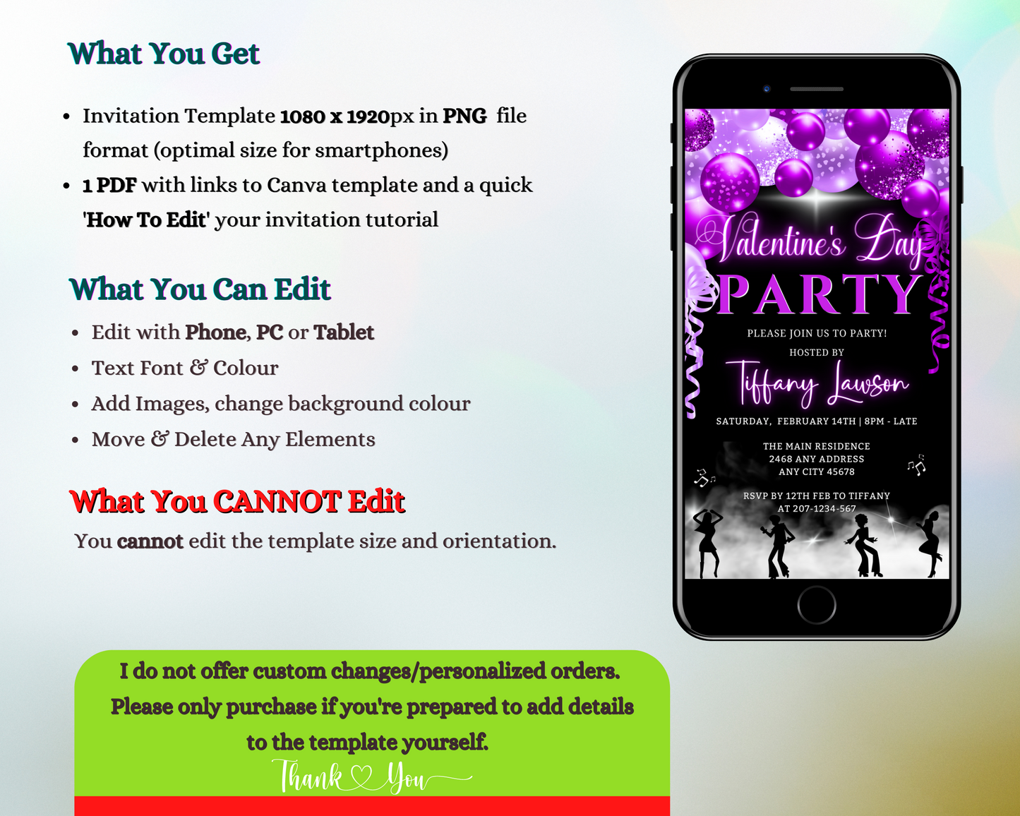 Black rectangular cell phone displaying a Smoking Dancers Neon Purple | Valentines Party Evite template with purple balloons and ribbons, ready for customization on Canva.