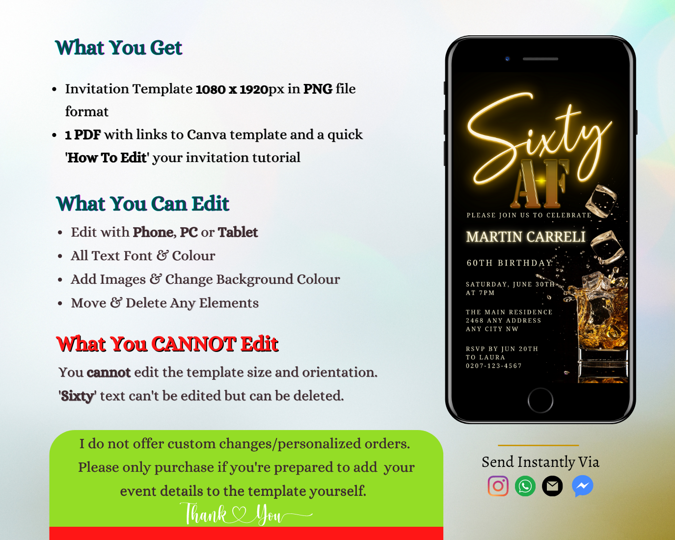 Customizable Digital Black Gold Neon Cube Splash 60AF Birthday Evite displayed on a smartphone, featuring editable text and images for personalized event invitations via Canva.