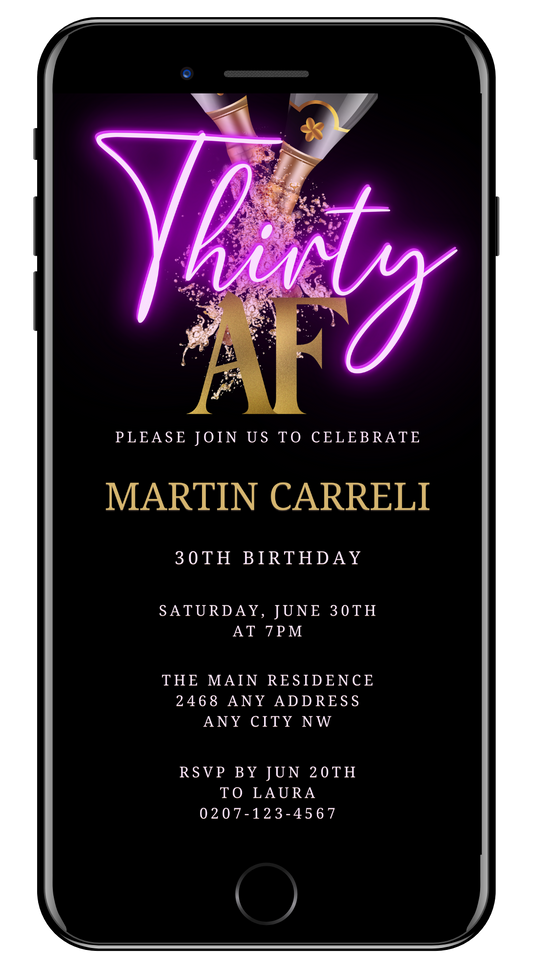 Customizable Digital Black Gold Champagne Neon Purple 30AF Party Evite displayed on a smartphone screen, showcasing editable invitation text and design elements.