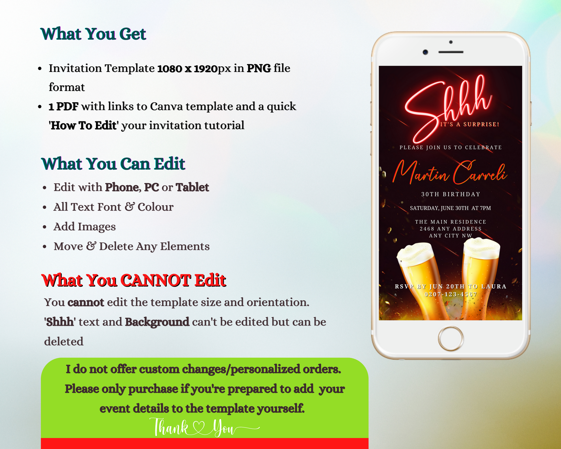 Red Neon Beer Mugs Surprise | Birthday Party Evite displayed on a smartphone screen, showcasing editable digital invitation template for personalizing event details via Canva.