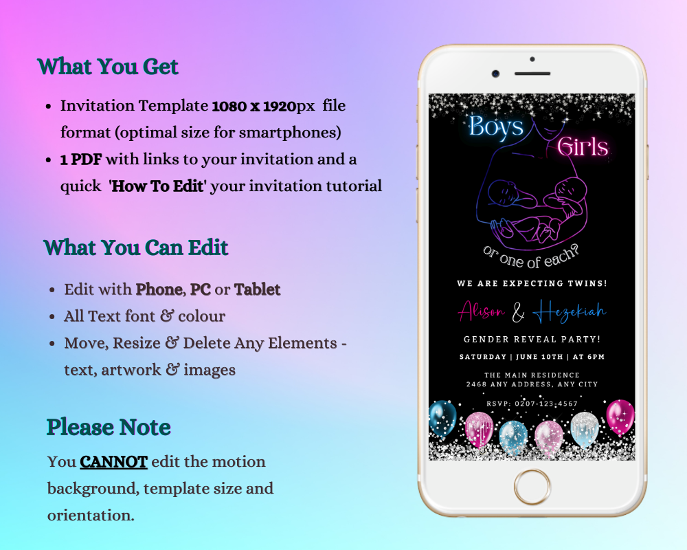 Twins Glowing Mum & Babies Digital Gender Reveal Invite displayed on a white smartphone screen, showcasing customizable text for event details.