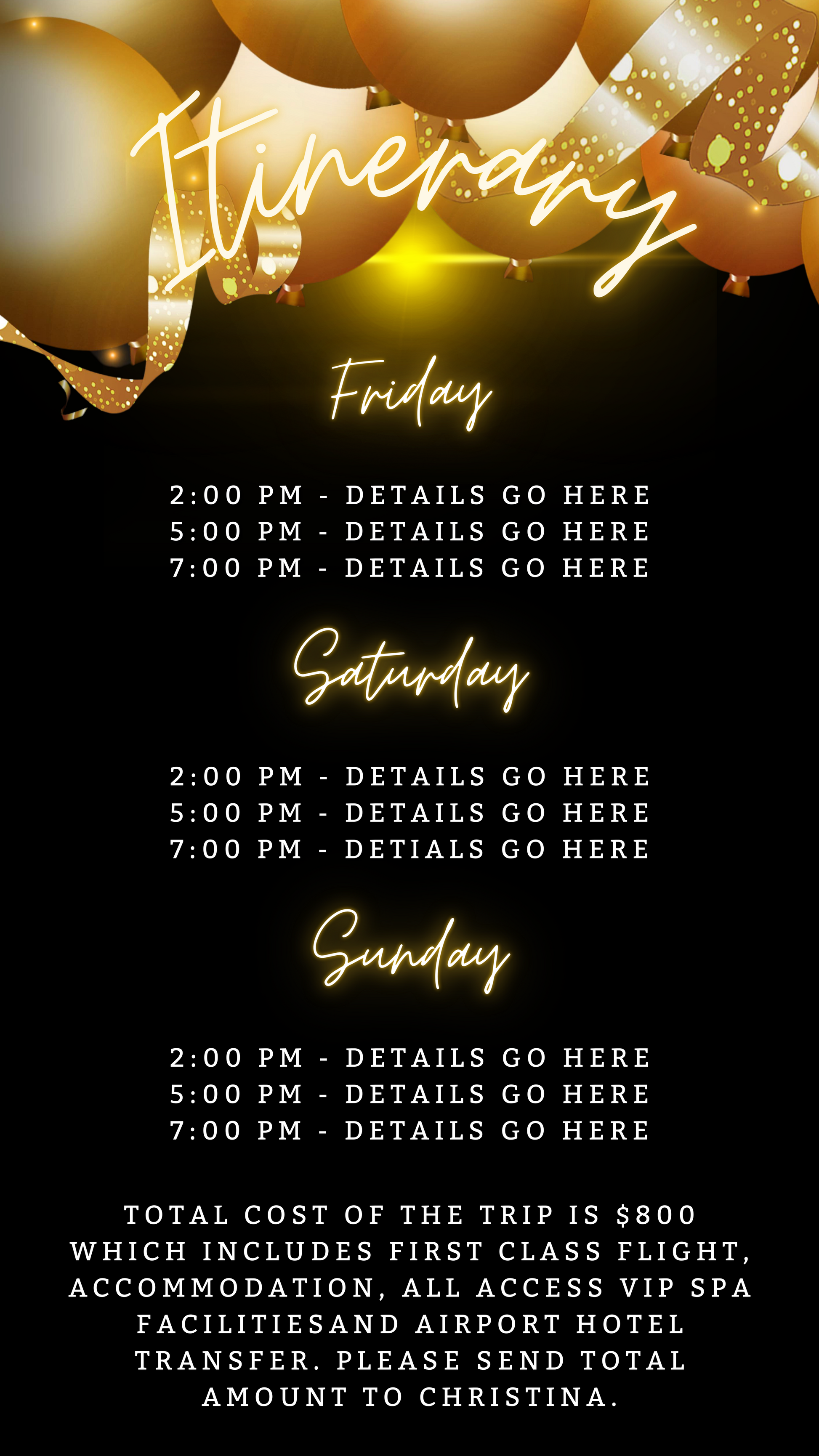 Black Neon Gold Floating Balloons | WTFifty Weekend Evite, customizable and downloadable DIY invitation template with editable text, designed for smartphones via Canva.