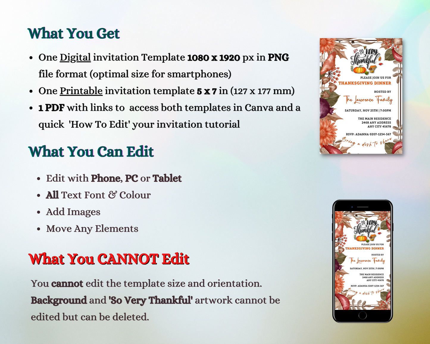 Phone displaying Thanksgiving Dinner Evite with autumn leaves and flowers, customizable via Canva for digital sharing on URCordiallyInvited.