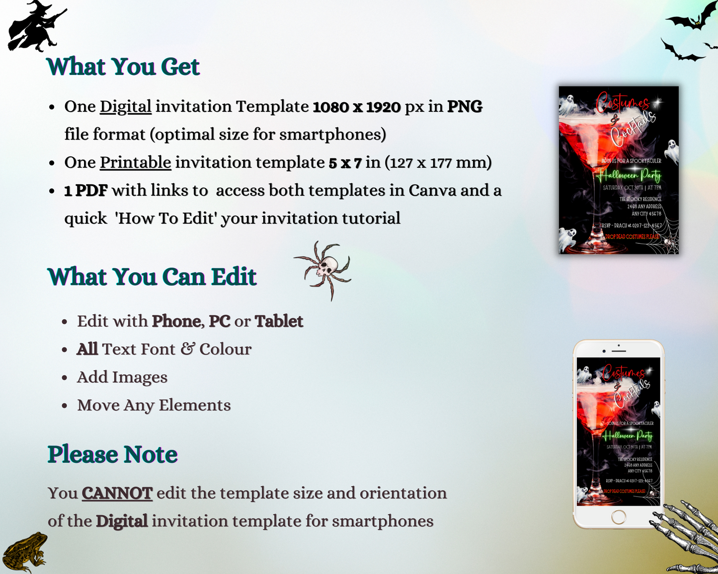 Phone screenshot of a Halloween Evite titled Smoking Wine Glass Ghosts Costumes & Cocktails, featuring customizable text and images for invitations via Canva.