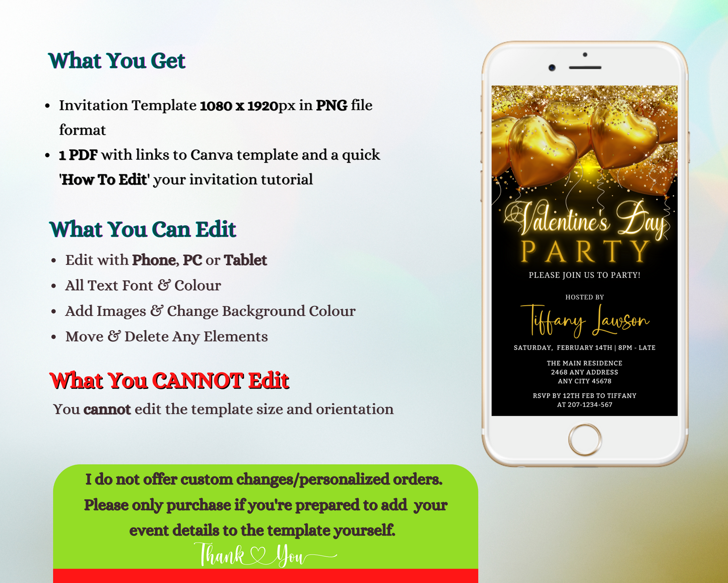 Neon Golden Heart Balloons Valentines Party Evite displayed on a smartphone screen with festive gold balloons and editable text for digital invitations.