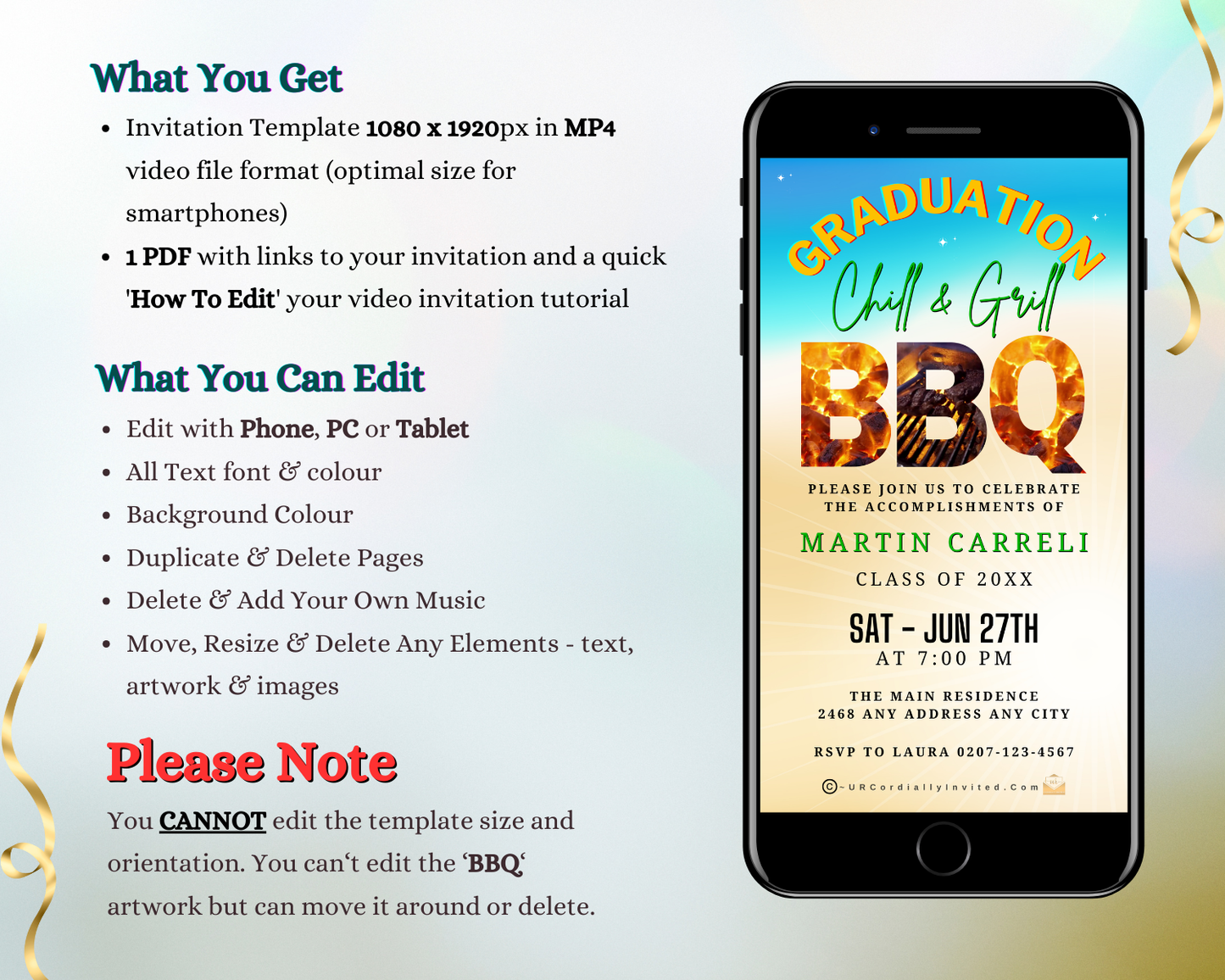 Graduation BBQ Video Invitation on smartphone screen, showcasing customisable Chill & Grill party theme for easy digital sharing via Canva.