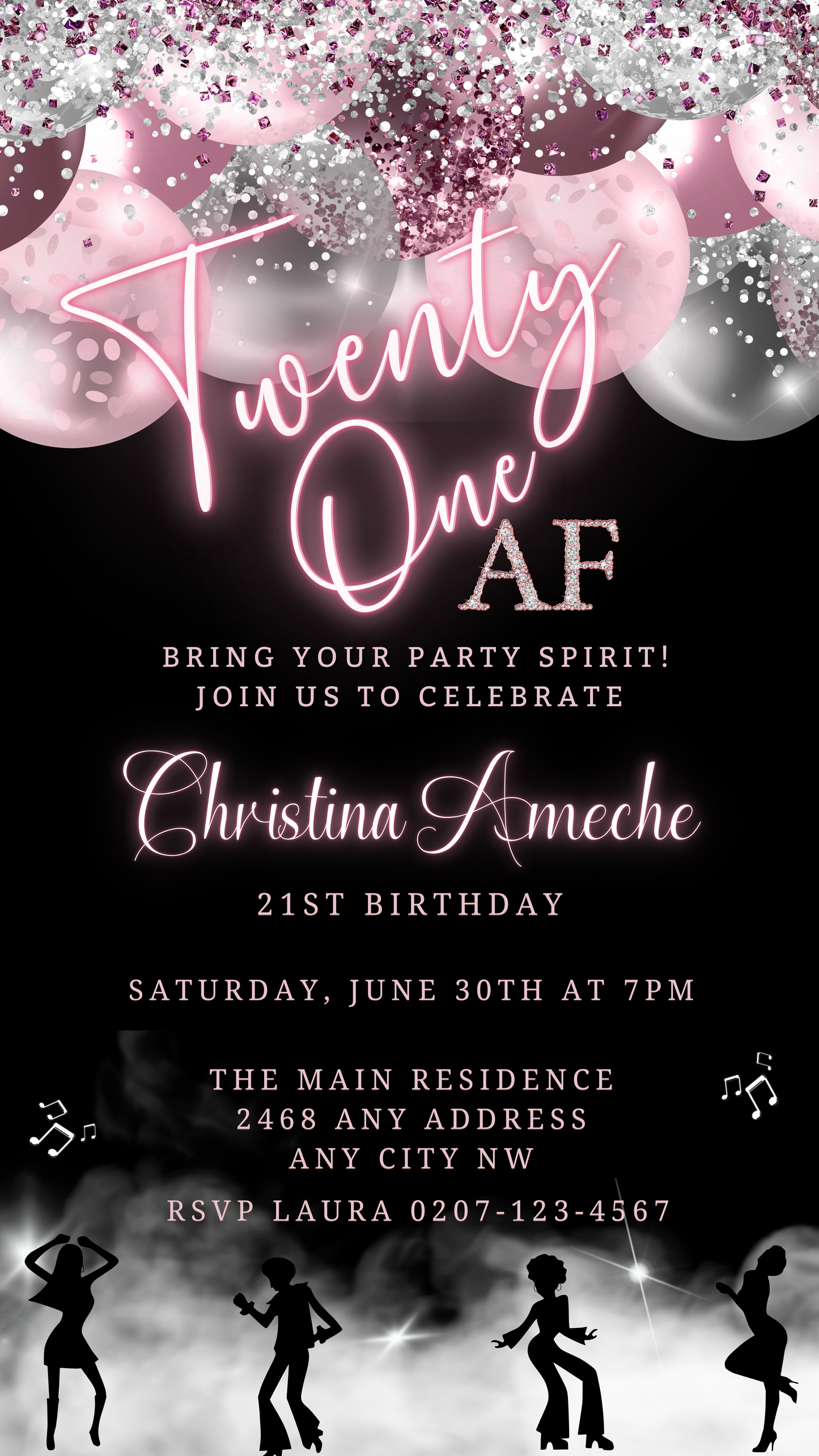 Mauve Pink Silver Neon | 21AF Birthday Video Evite featuring customizable text with pink and white balloons and dancing silhouettes, editable via Canva for digital invitations.