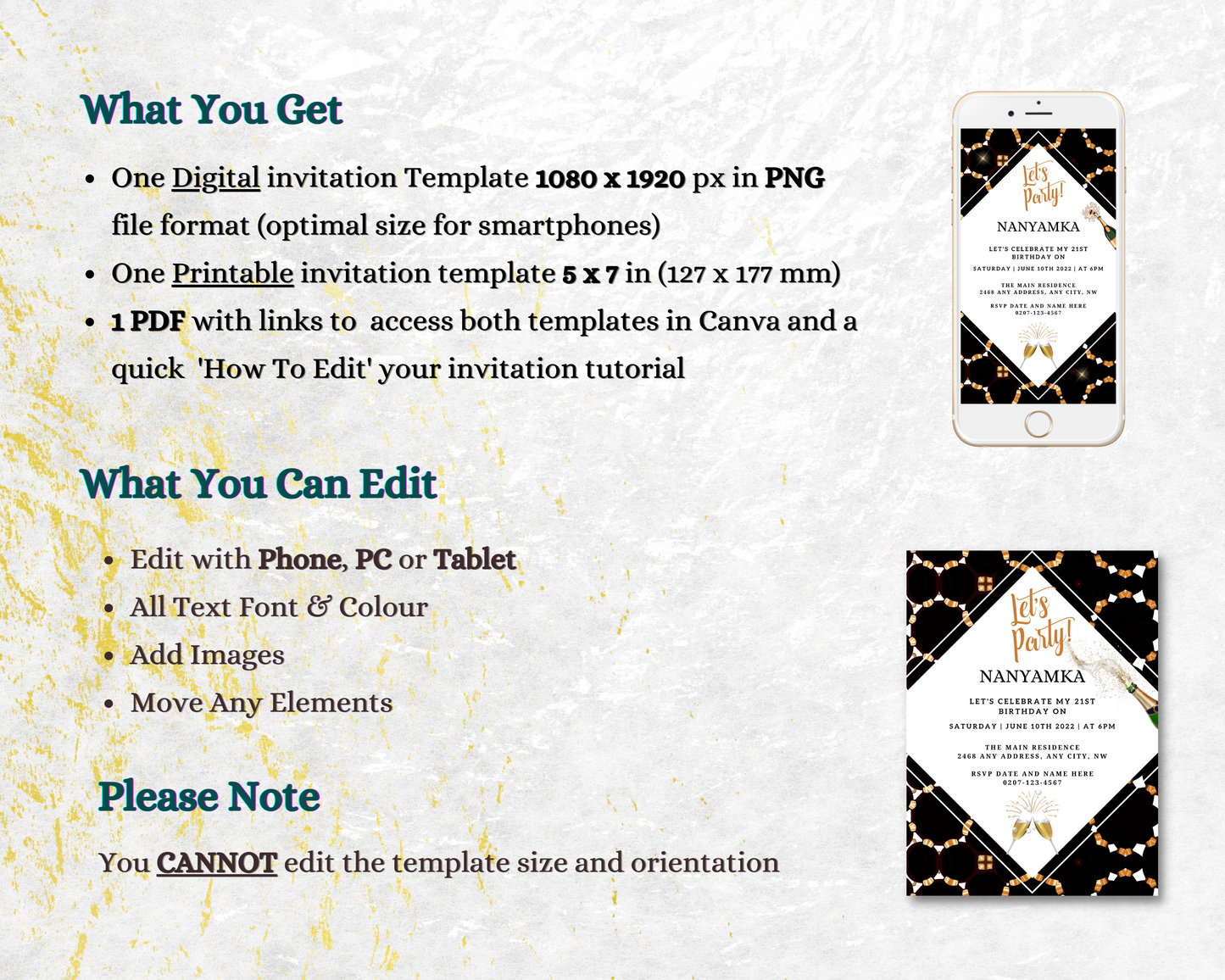 White Beige Gold African Ankara Editable Party Evite displayed on a smartphone screen, with customizable text and design elements for digital invitations.