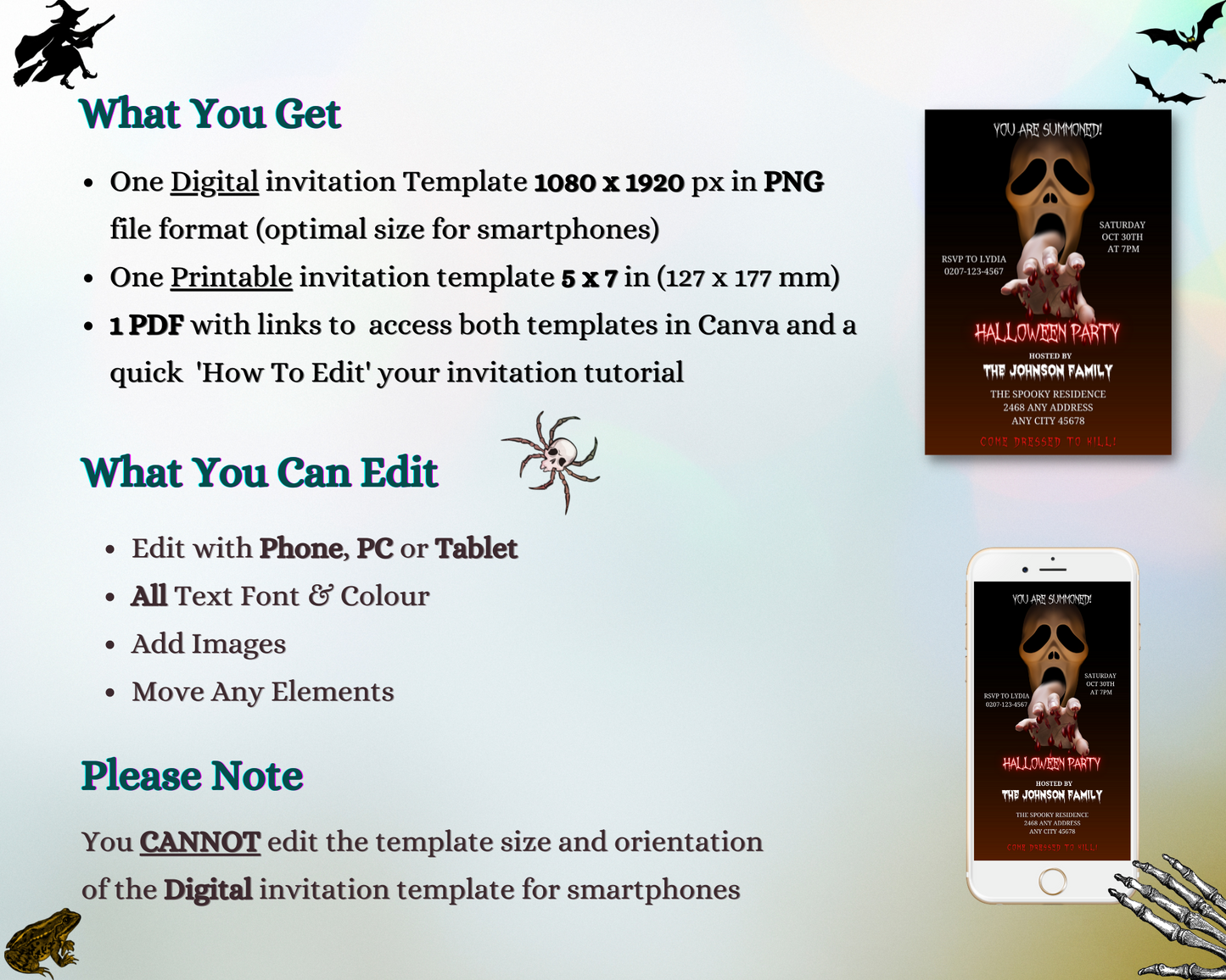 Scary Mouth Hand Skull Halloween Evite: Screenshot of a customizable digital invitation template featuring a hand emerging from a scary face, available for personalization via Canva.