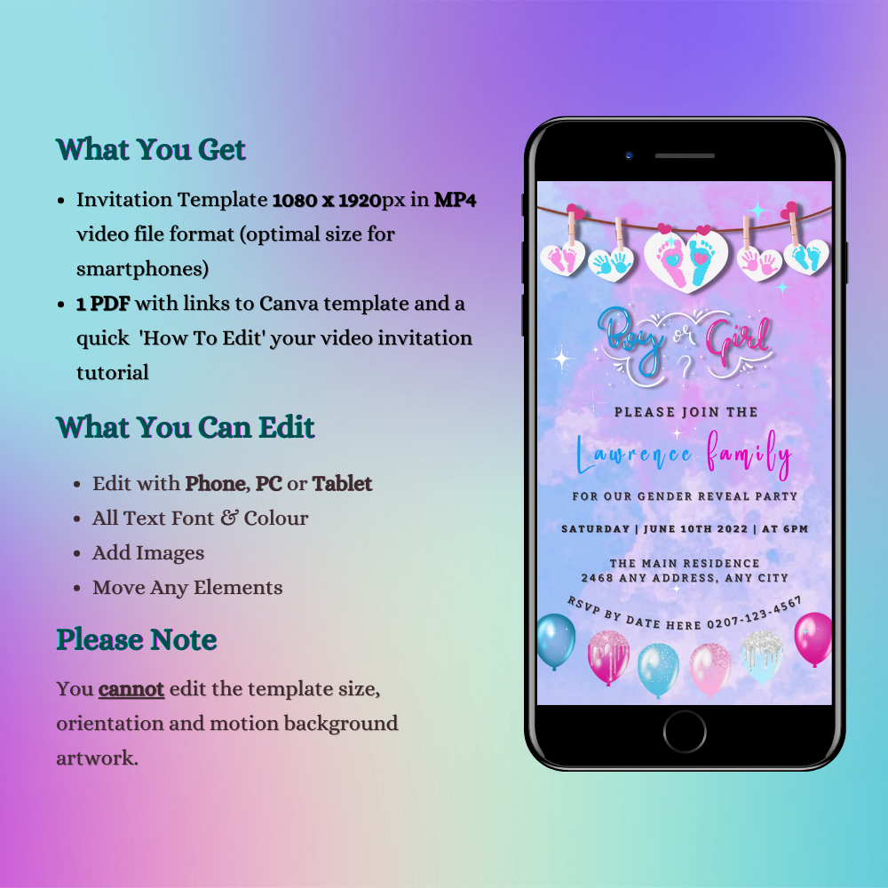 Customizable Digital Pink Blue Sky Hearts Gender Reveal Party Video Invitation displayed on a smartphone screen, featuring editable text and design elements for personalizing event details.