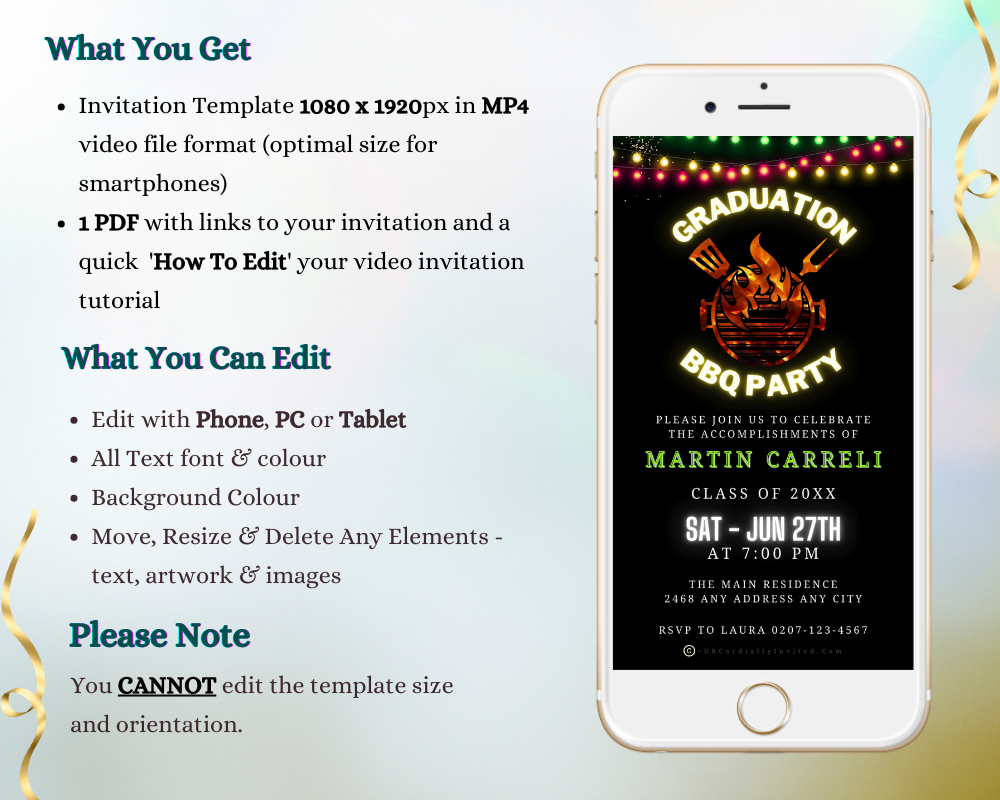 White smartphone displaying a BBQ Grill Backyard Party | Graduation Video Invitation with customizable text and a grill logo.