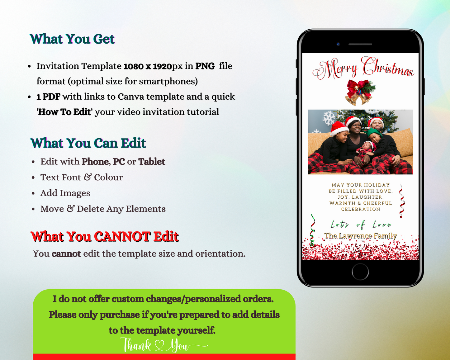 Editable Digital Gold Red Bell Confetti Glitter Merry Christmas Ecard on a cell phone screen, featuring a family photo and customizable elements.