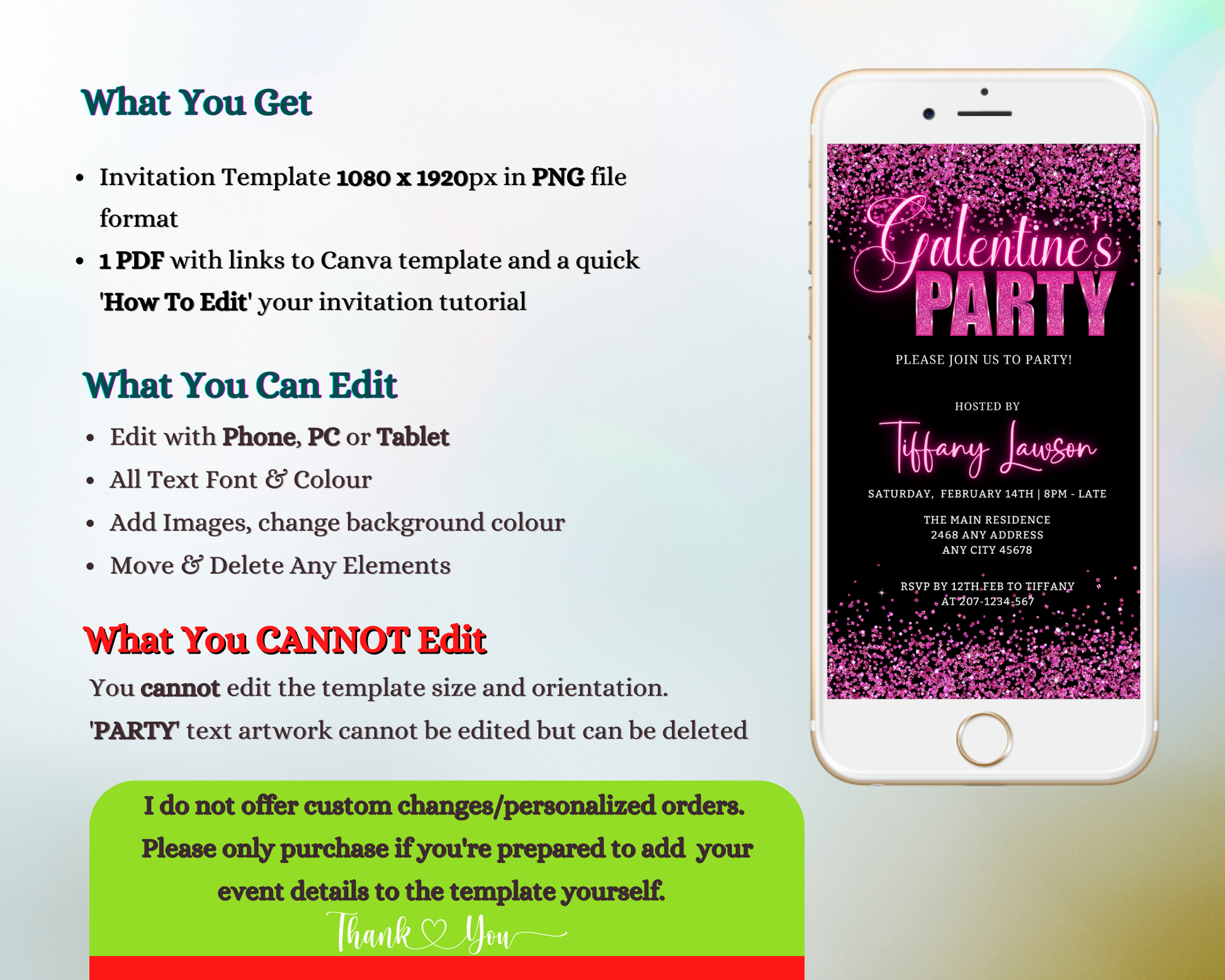 Editable Galentines Neon Pink Confetti Evite for smartphones, featuring customizable text. Perfect for Valentine's parties, easily personalized using Canva.