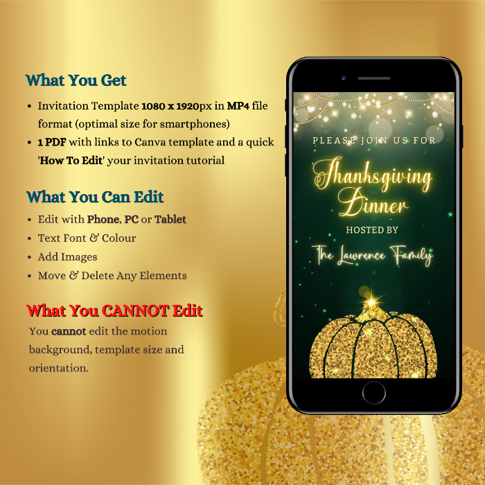 Green Gold Neon Pumpkin Thanksgiving Dinner Video Invitation showing a golden pumpkin and customizable text on a cell phone screen.
