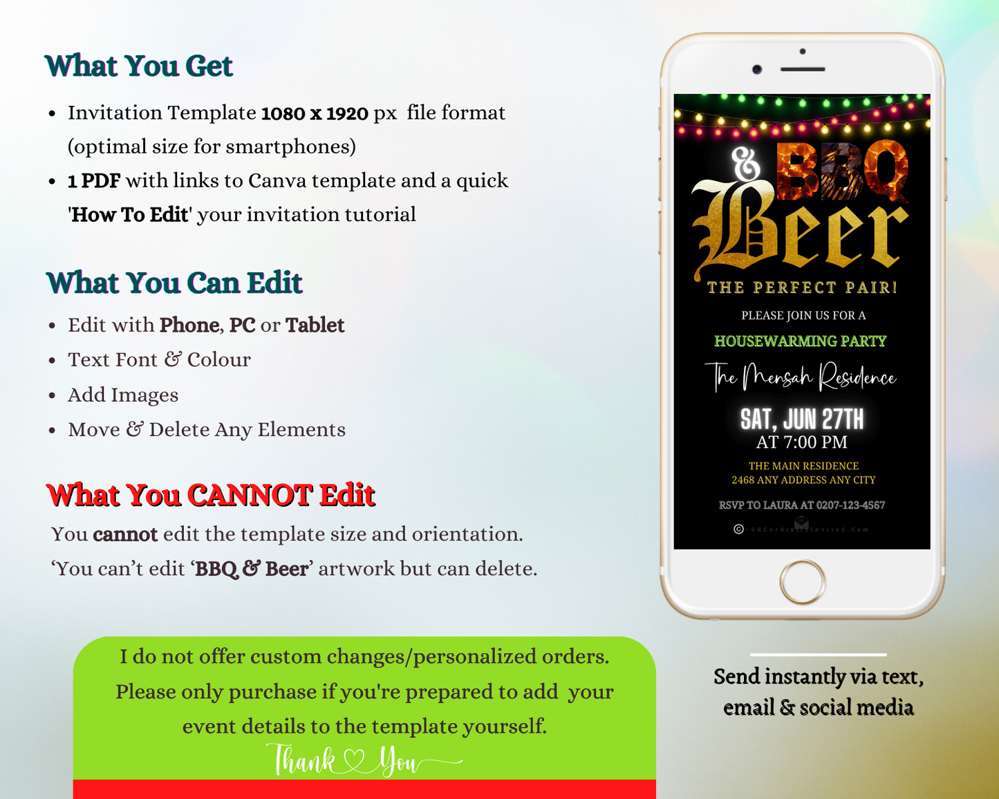 BBQ Flame & Beer digital video party invite displayed on a smartphone screen with customizable text for personal event details.