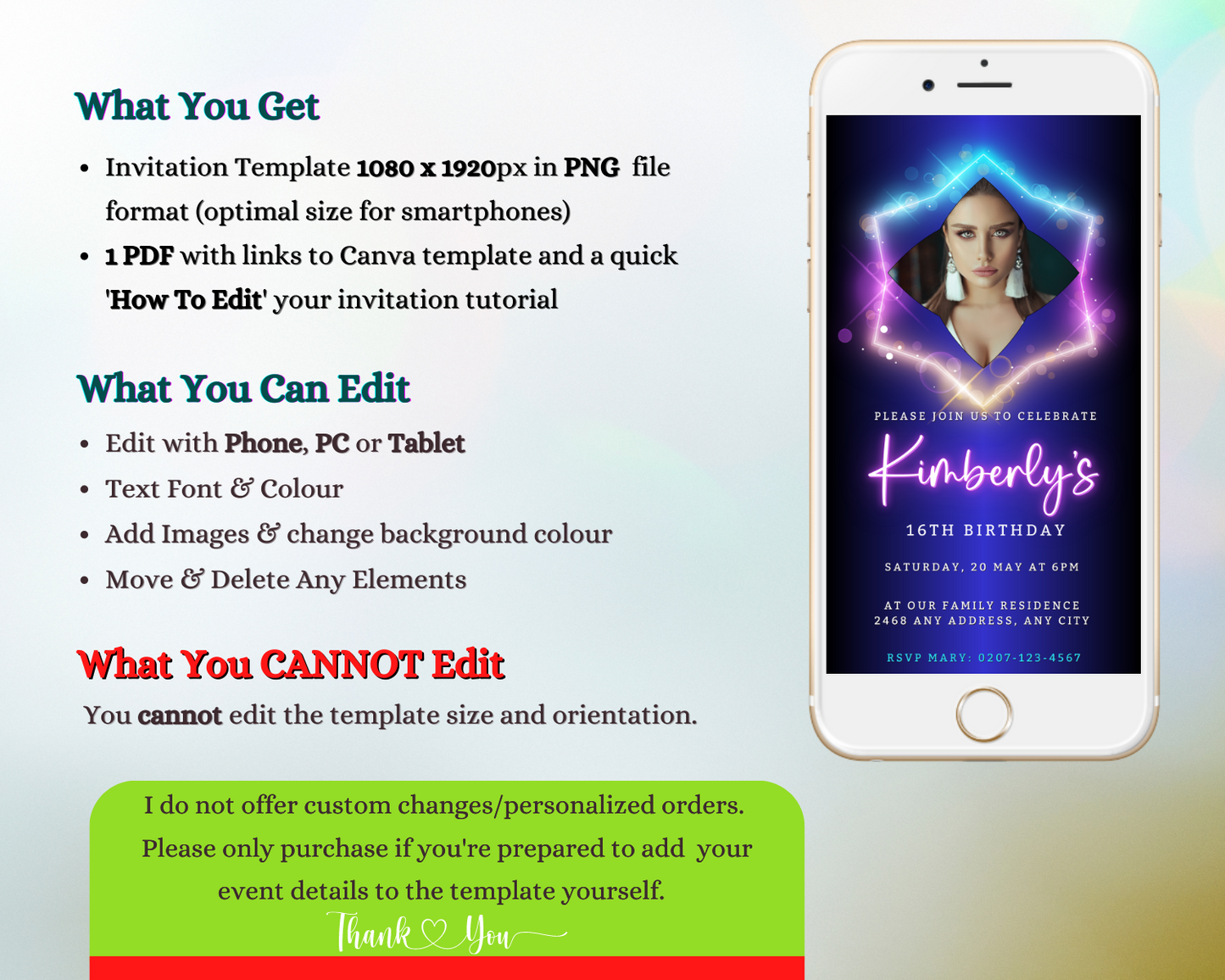 Smartphone displaying a customizable Neon Purple Pink Birthday Party Evite with a woman's photo, designed for easy personalization and electronic sharing via Canva.