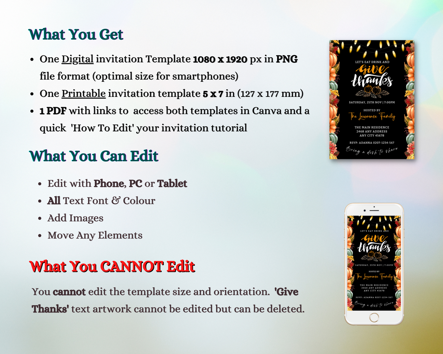 Phone displaying Colourful Lit Leaves Pumpkins Black | Thanksgiving Evite template, showcasing customizable digital invitation for Thanksgiving with pumpkins and lights.