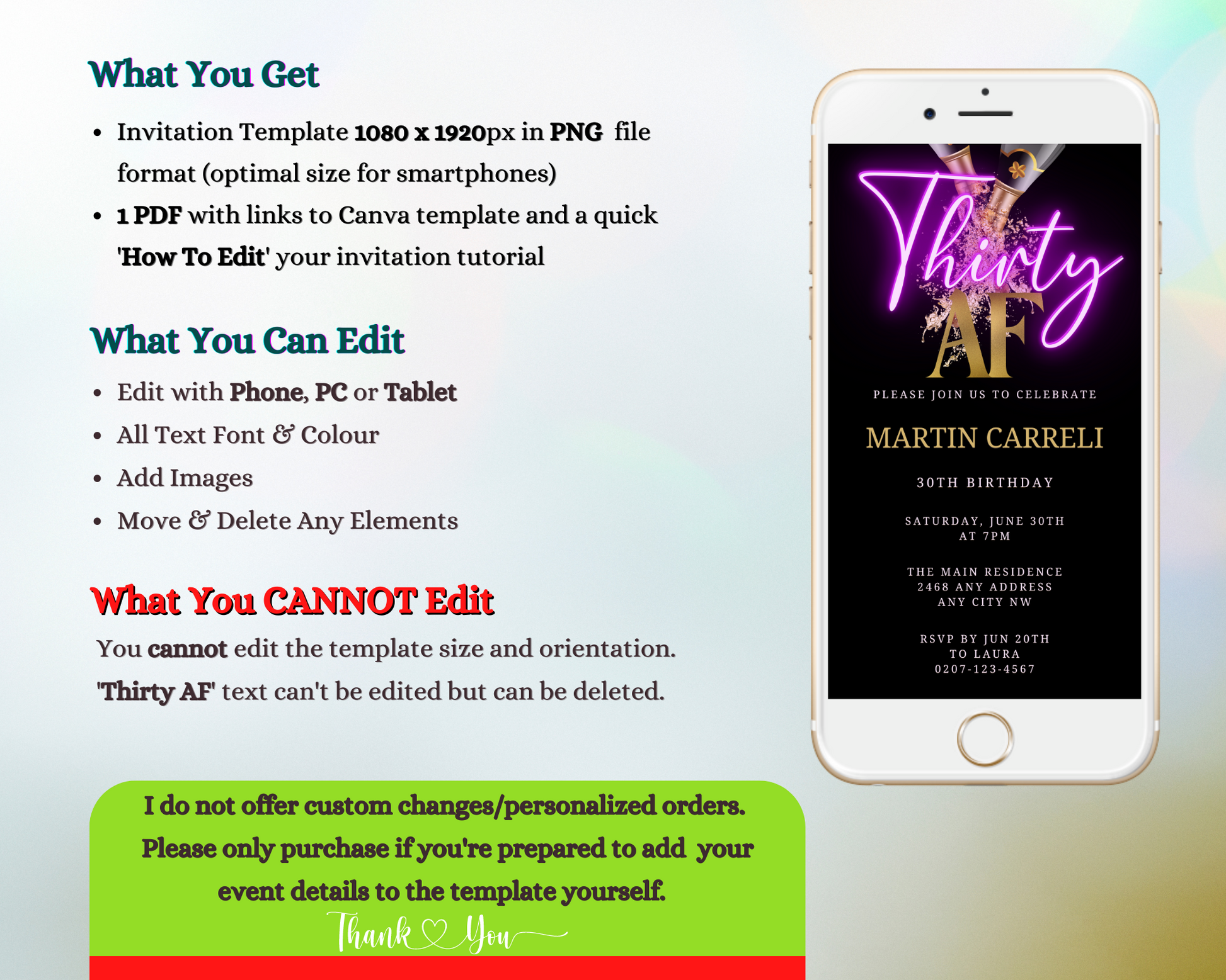Customizable digital invitation template for a 30AF party, featuring a smartphone with a purple neon Black Gold Champagne design. Personalize via Canva and share electronically.