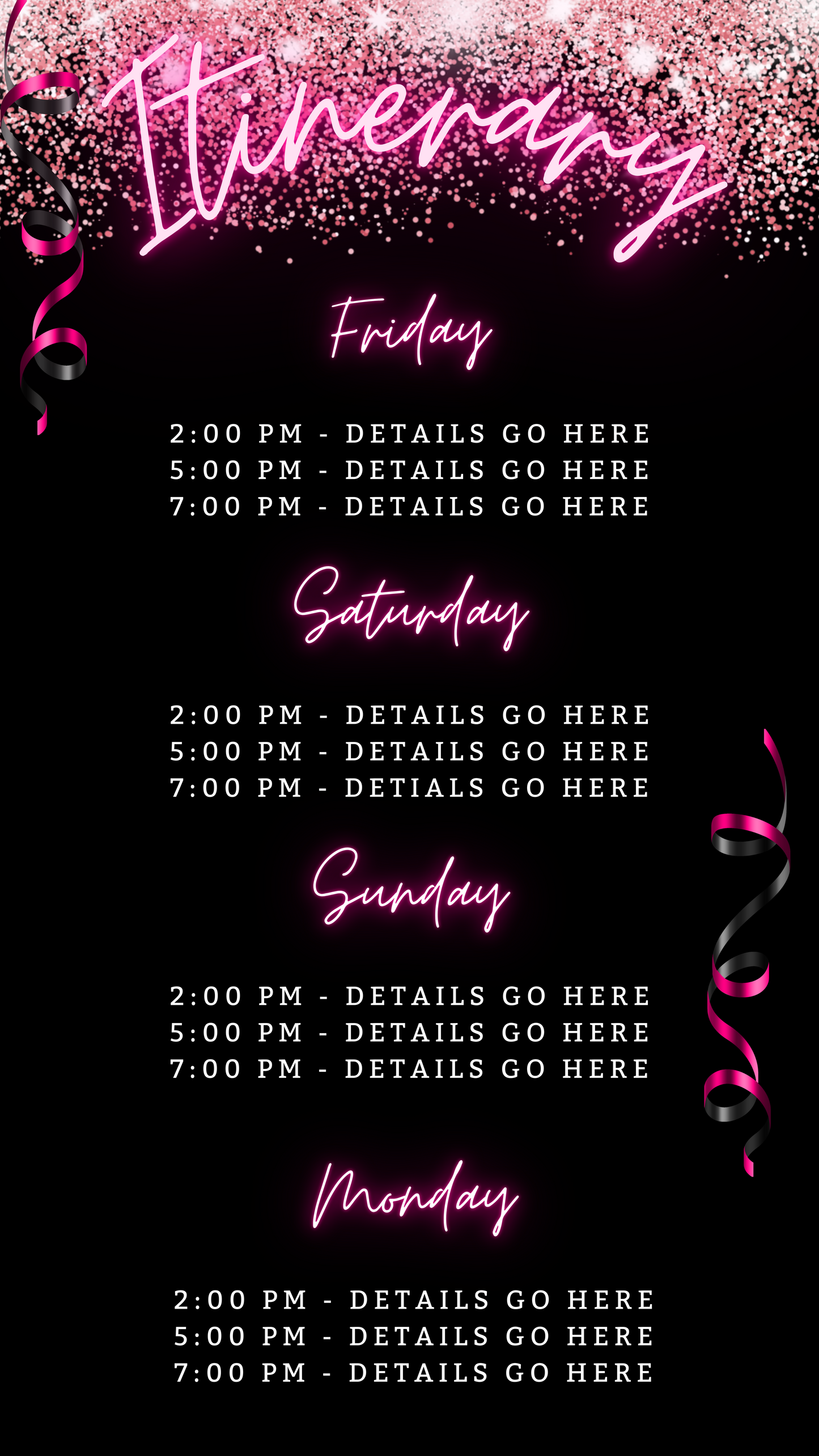 Customizable Digital Neon Pink Glitter Confetti Birthday Getaway Party Evite, featuring a black and pink theme with editable text, accessible via Canva for smartphone use.