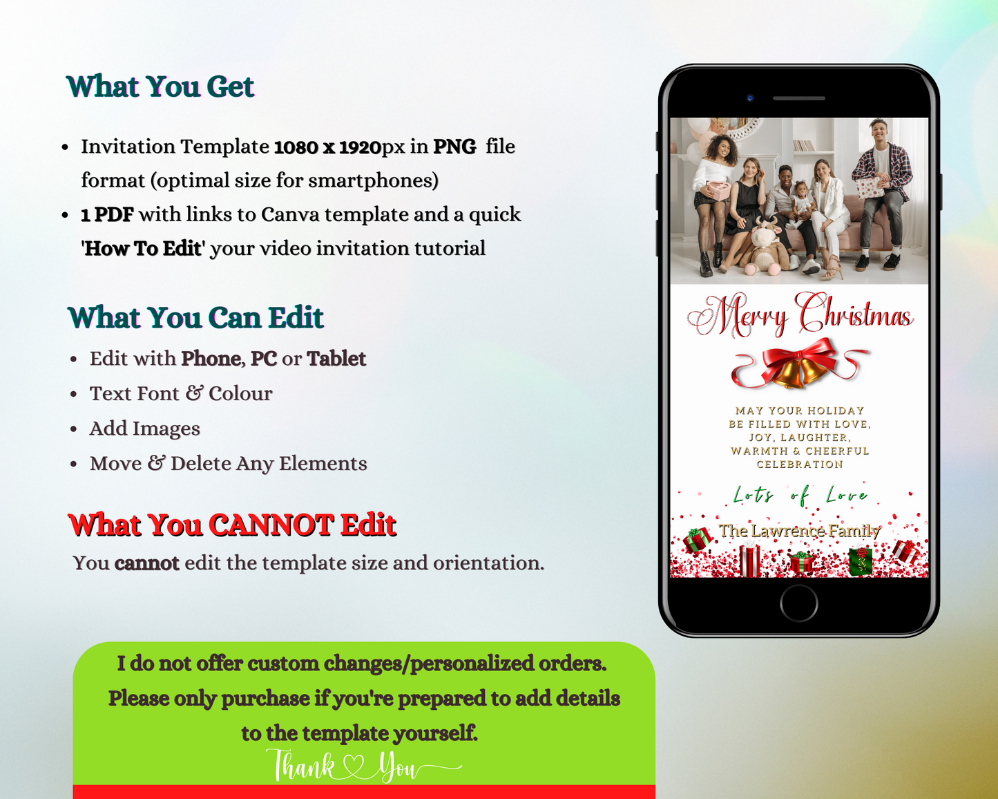 Gold Red Bell Presents W/Photo Merry Christmas Ecard displayed on a smartphone, featuring a family picture and customizable via Canva for digital invitations.