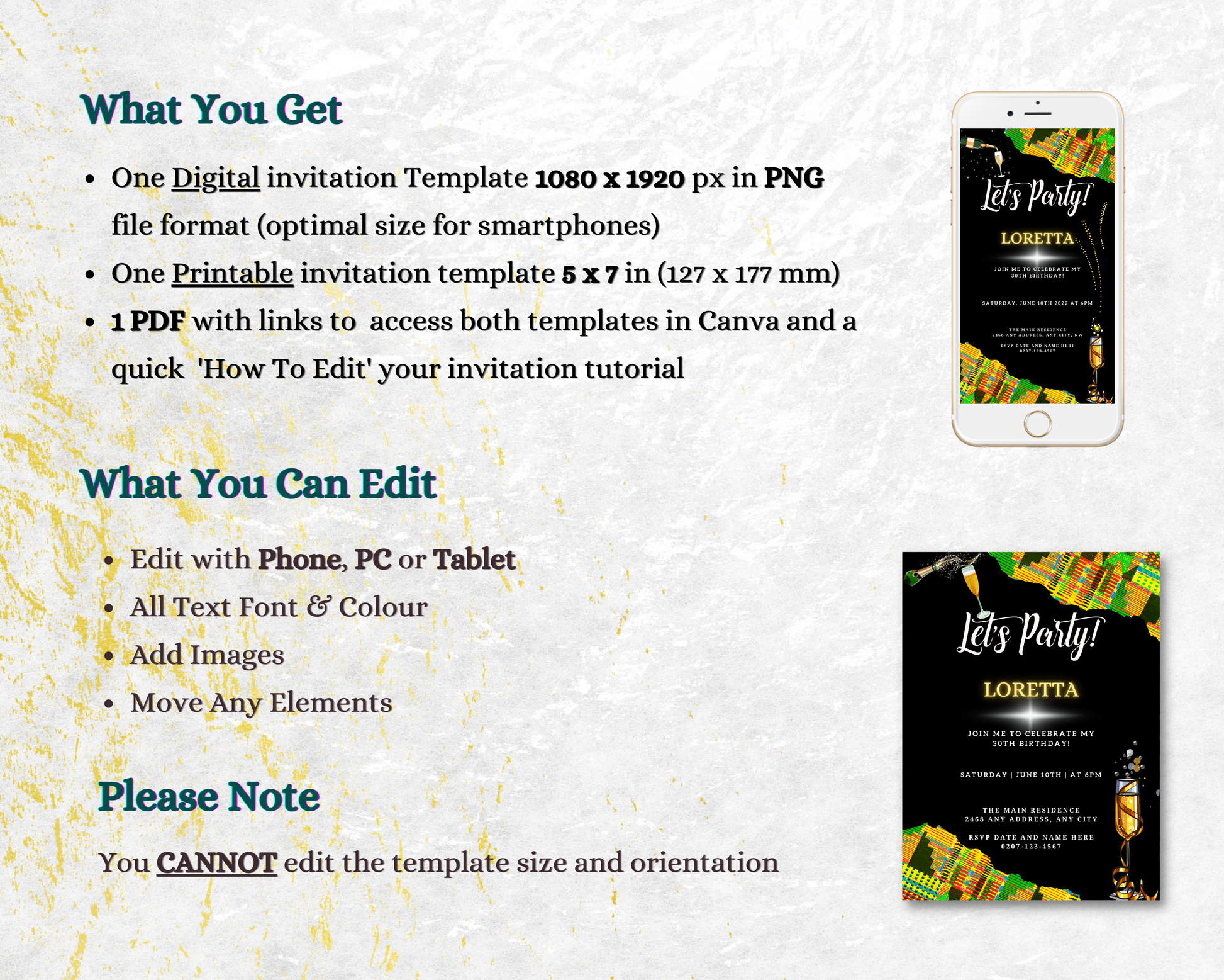 Green Yellow African Kente Editable Birthday Party Evite displayed on a smartphone screen with a note beside it.