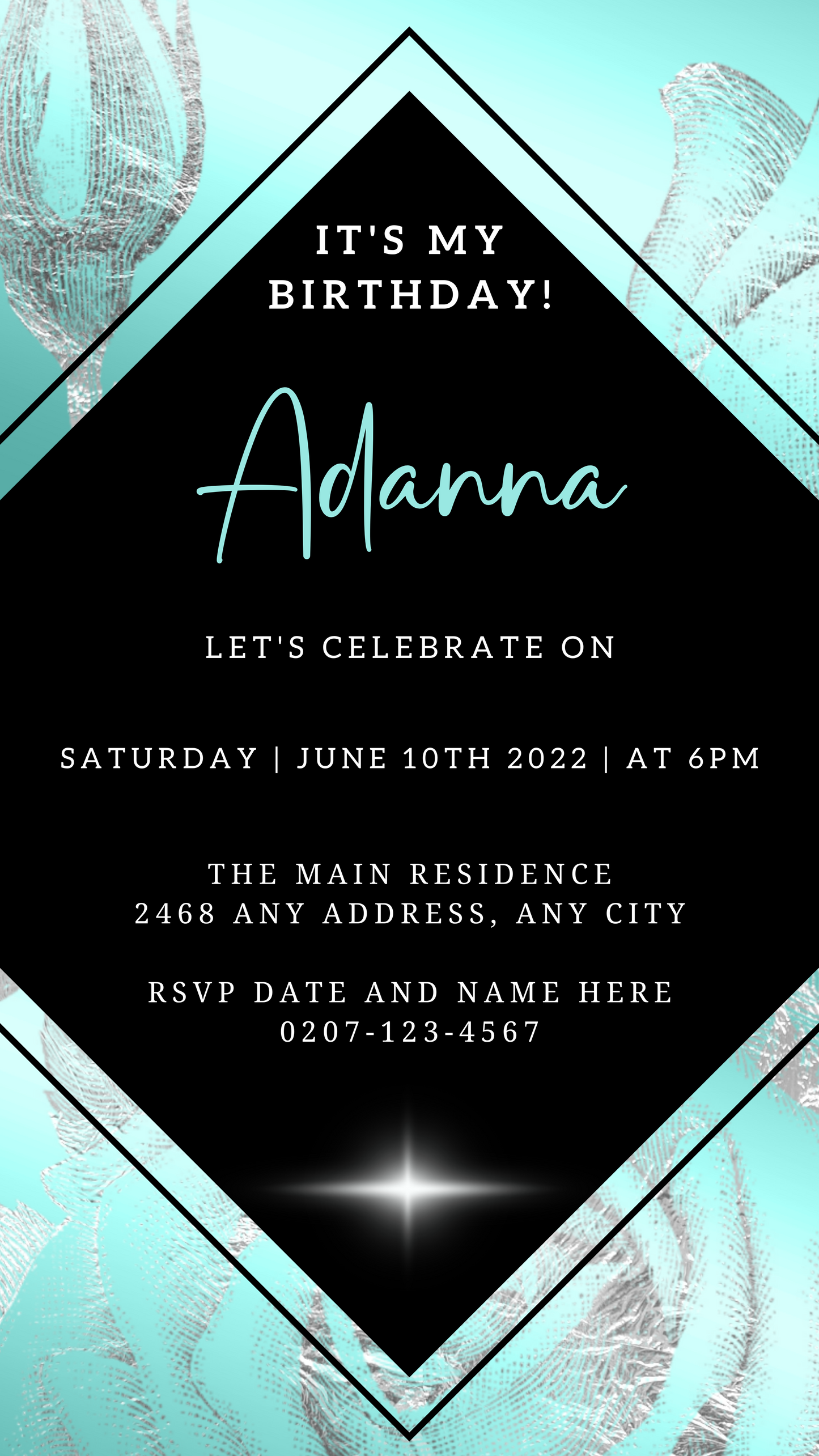 Editable Teal Black Silver Floral Customisable Birthday Evite, featuring a sleek black and blue design, perfect for personalising and electronic sharing via Canva.