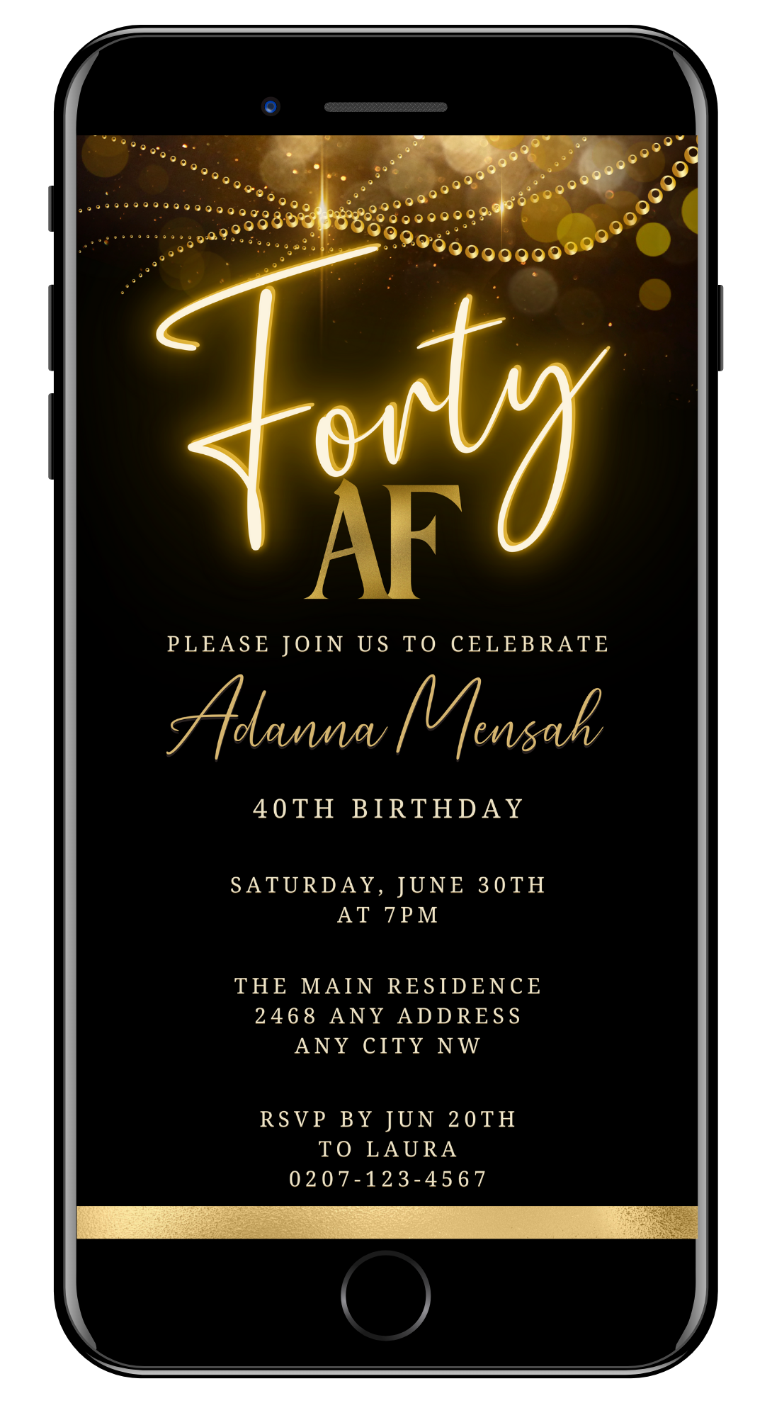 Customizable Black Gold Neon Sparkle 40AF Birthday Evite displayed on a phone screen, showcasing elegant gold text on a black background.