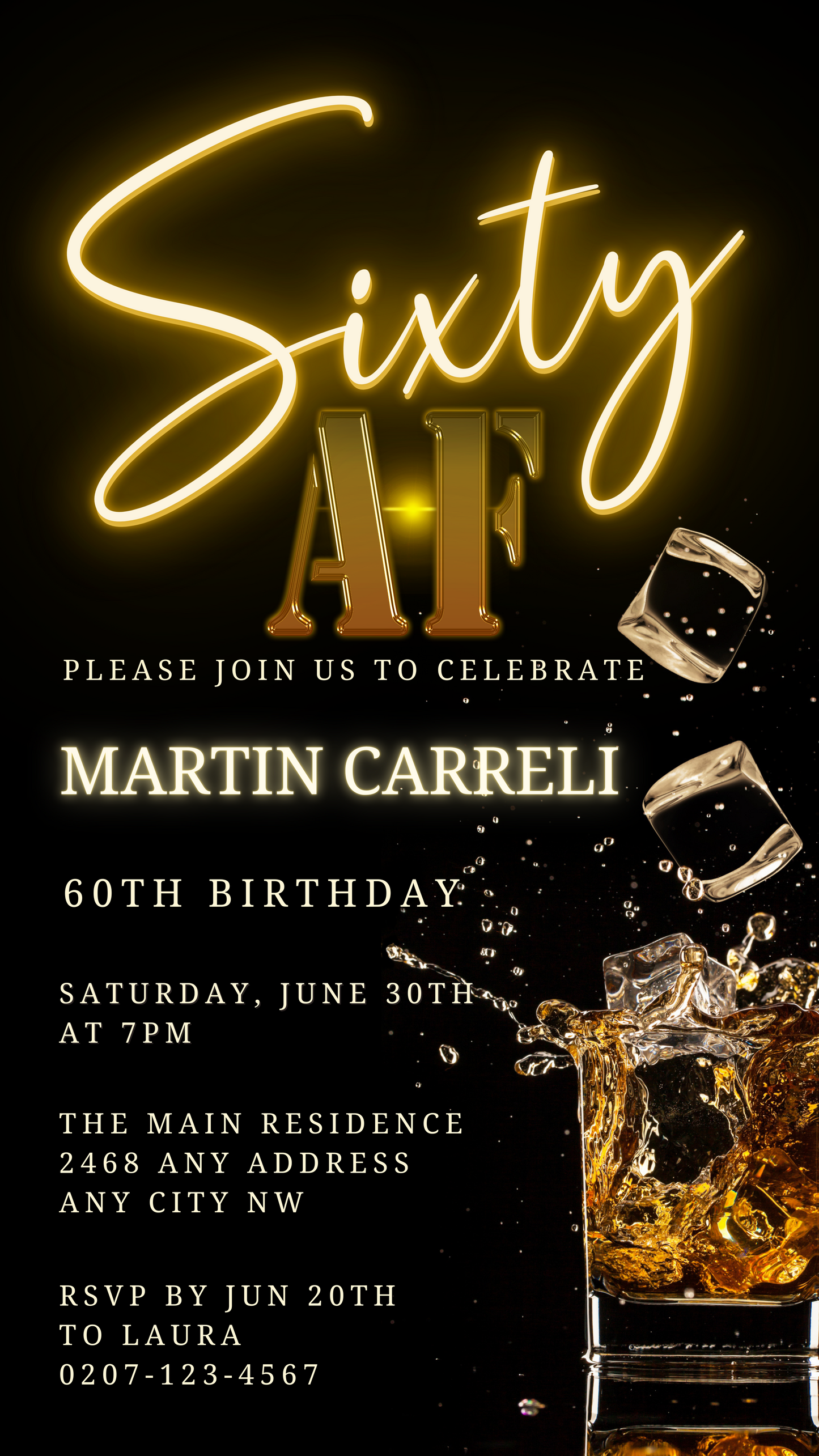 Black Gold Neon Cube Splash | 60AF Birthday Evite featuring customizable gold text on a black background with ice cube design elements.