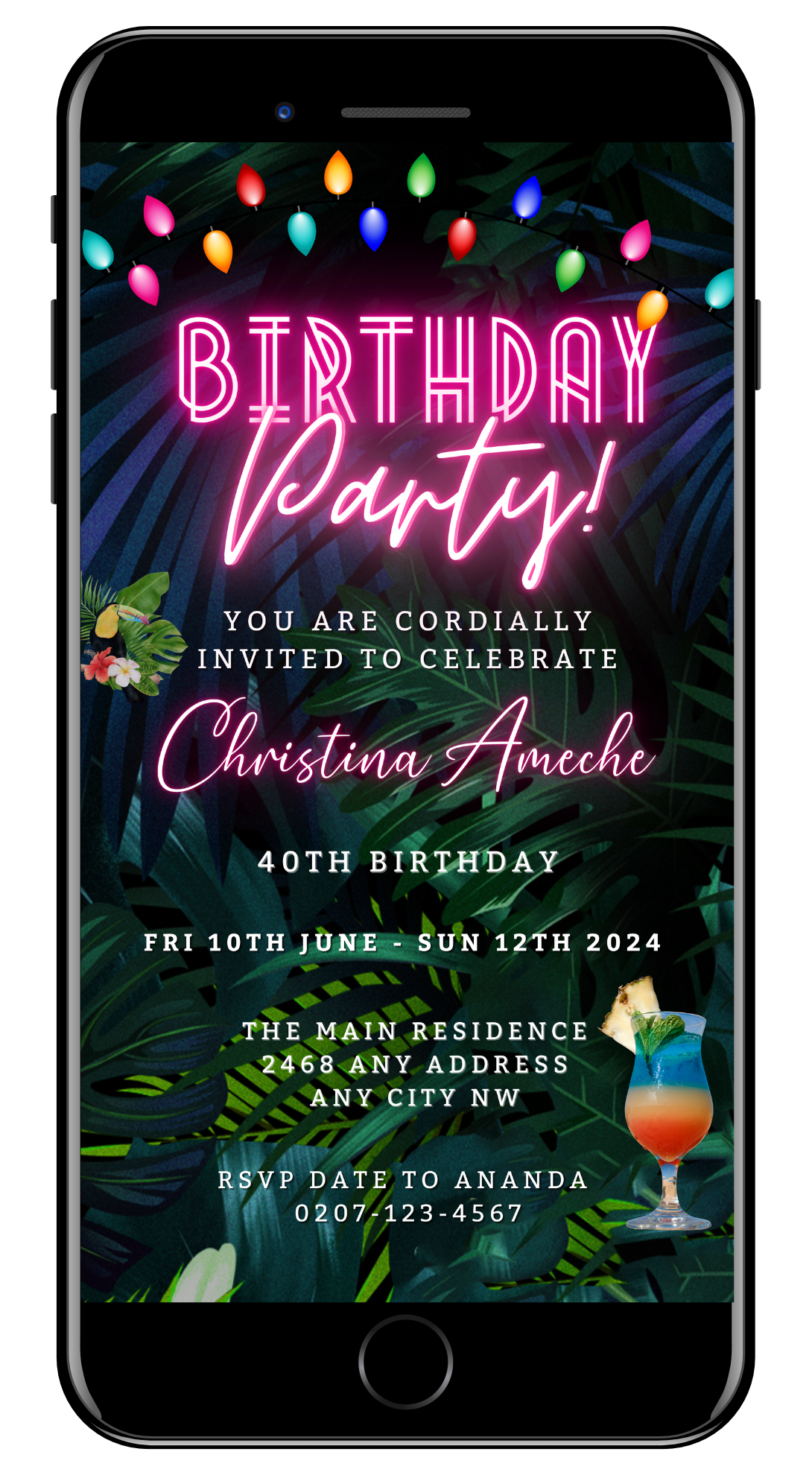 Close-up of a smartphone displaying a colorful neon pink tropical birthday party evite with customizable text.