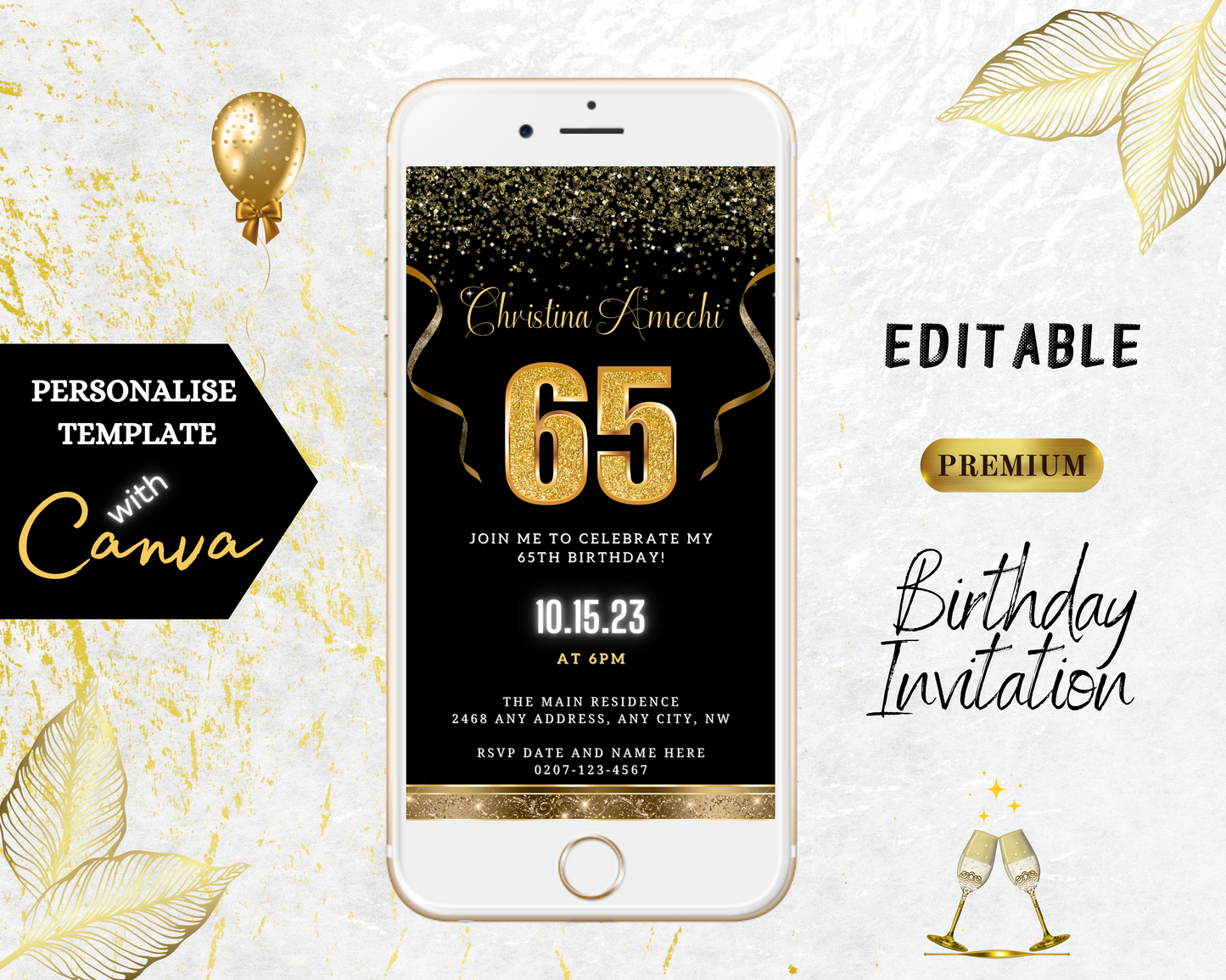 Customizable Black Gold Confetti 65th Birthday Evite displayed on a smartphone, featuring gold and black design elements and editable text for digital invitations.