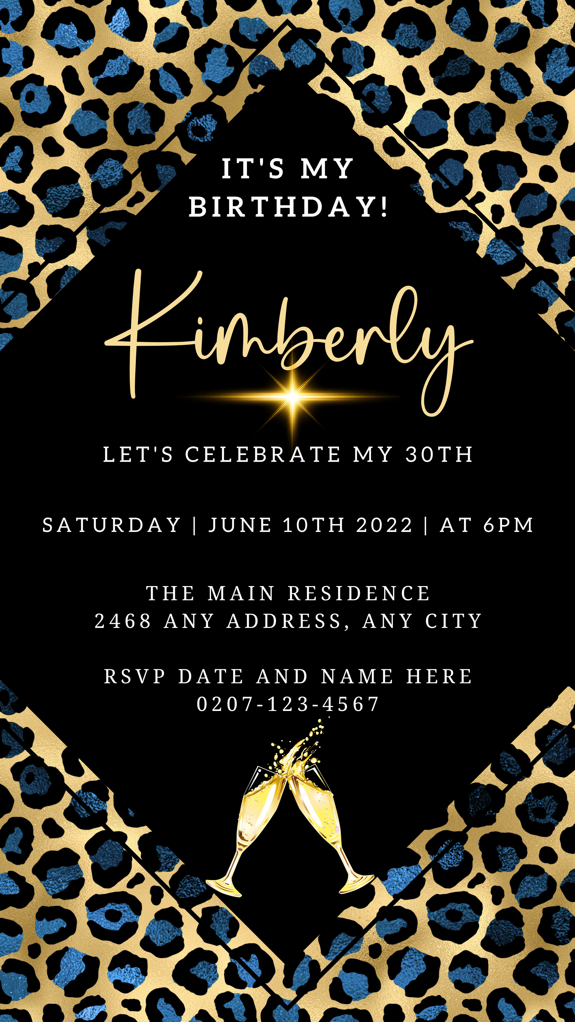 Blue Gold Leopard Animal Print Customisable Party Evite featuring leopard print border, editable in Canva, with champagne glasses toasting.