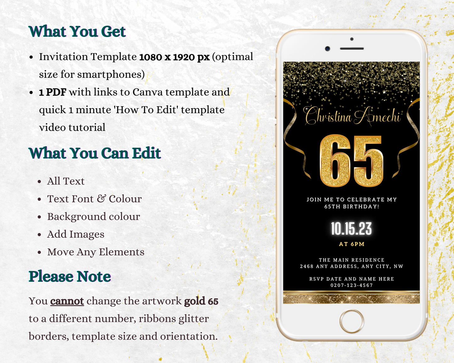 Black Gold Confetti 65th Birthday Evite displayed on a smartphone, customizable using Canva for easy electronic sharing via text, email, or messaging apps.