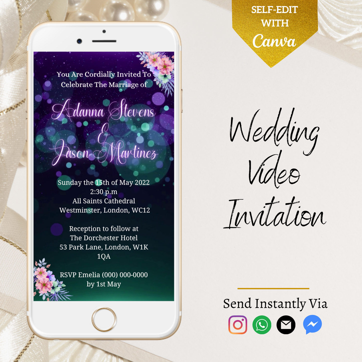 Customizable Green Lilac Floral Wedding Video Invitation displayed on a smartphone screen, featuring editable text and design elements for personalizing event details.