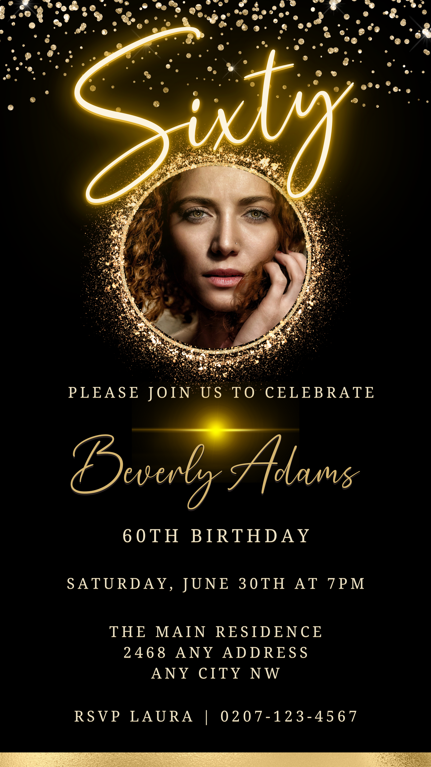 Gold Neon W/Oval Photo Frame | 60th Birthday Evite showcasing a customizable digital invitation with a woman's face in a gold circle frame for personalizing event details.