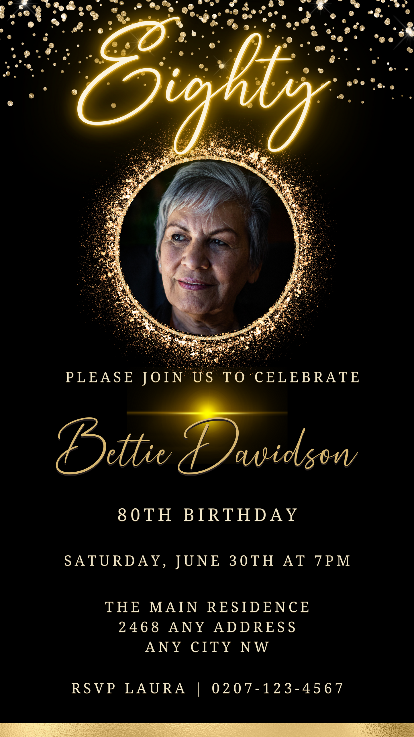 Customizable digital Gold Neon Oval Photo Frame for an 80th birthday evite featuring a close-up of a woman's face with sparkles.