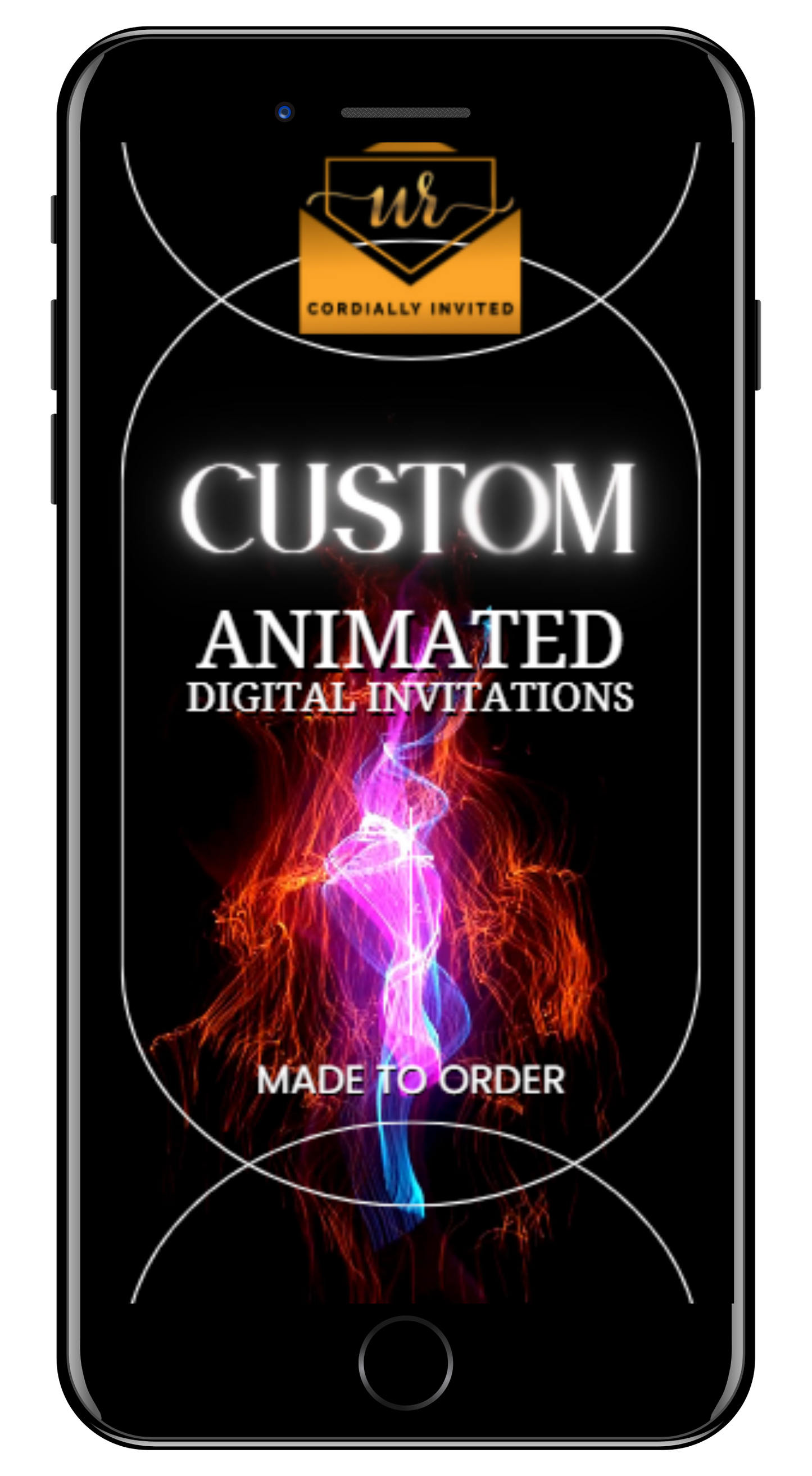 Smartphone screen mock-up displaying Custom Birthday Video Invitation with animated fiery light trails, showcasing bespoke digital invitations tailored for unique celebrations from URCordiallyInvited.