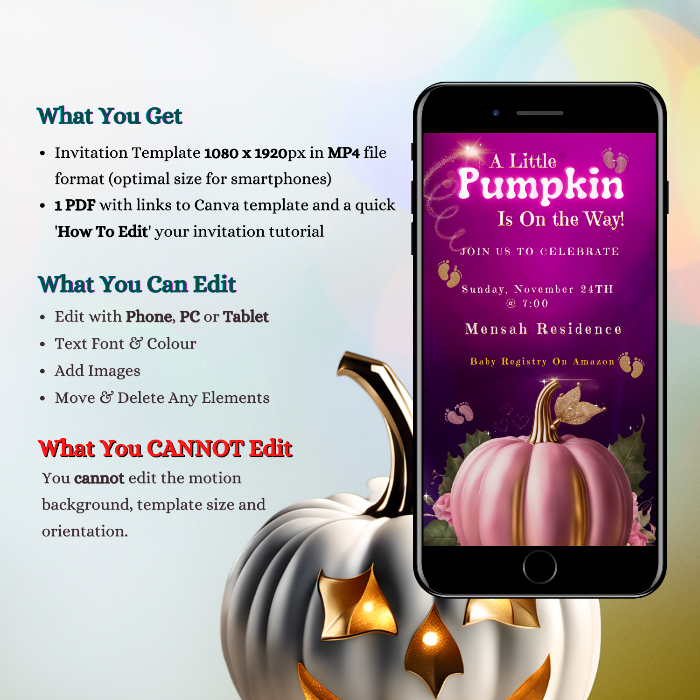 Fall Fuchsia Gold Neon Glitter Baby Shower Video Invitation featuring a cell phone displaying a vibrant digital invite next to a pink pumpkin with gold accents.