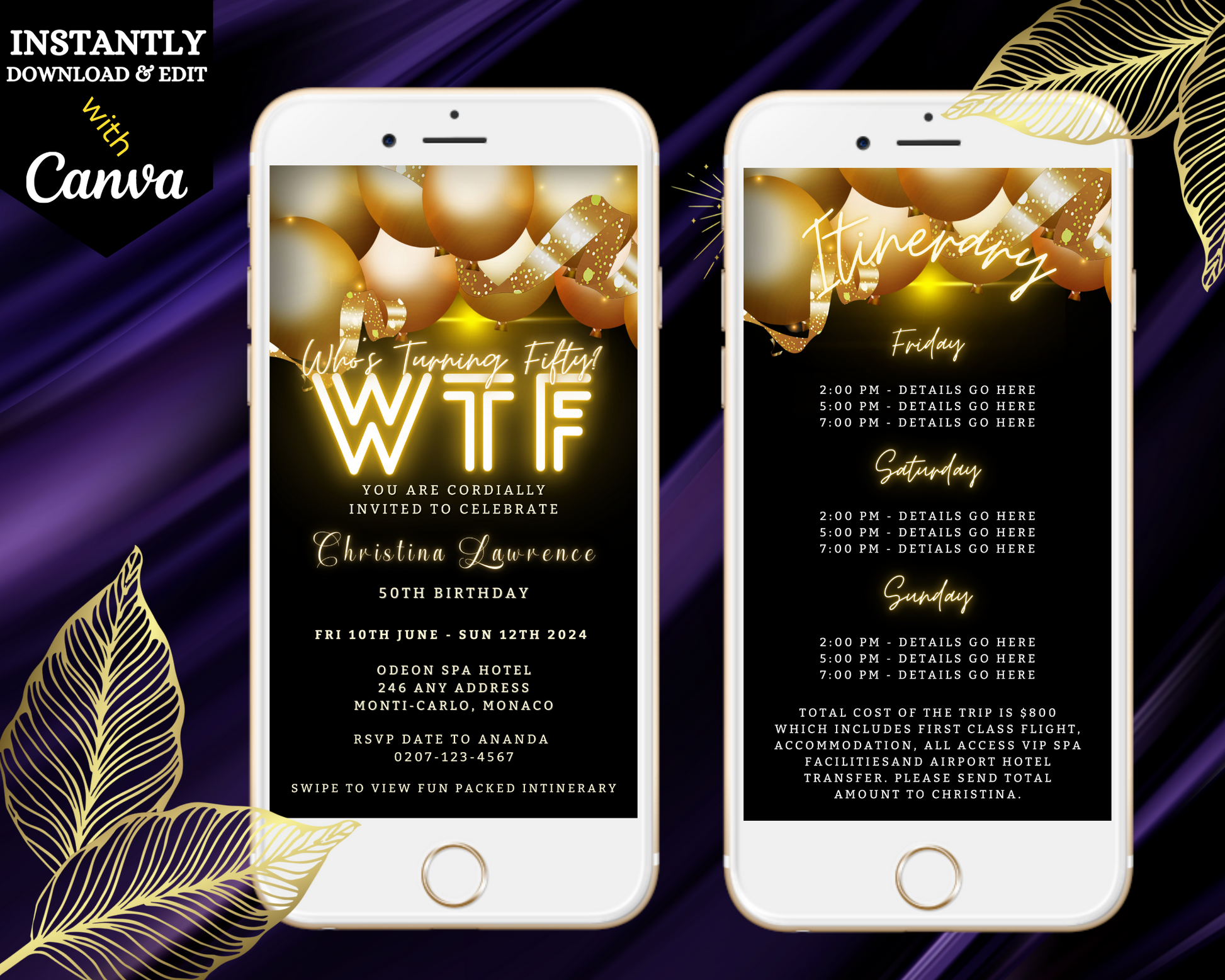Two smartphones displaying customizable Black Neon Gold Floating Balloons invitations for a WTFifty Weekend event, featuring editable event details and gold balloon graphics.