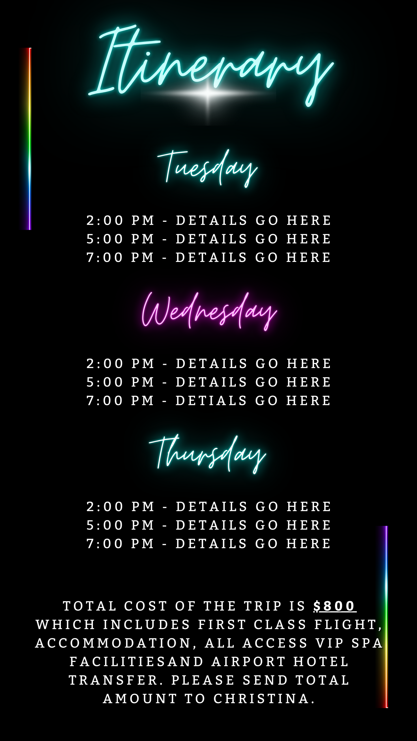Miami Teal Pink Neon Getaway Party Evite with customizable neon text on a black background, ideal for digital invitations via smartphone using Canva.