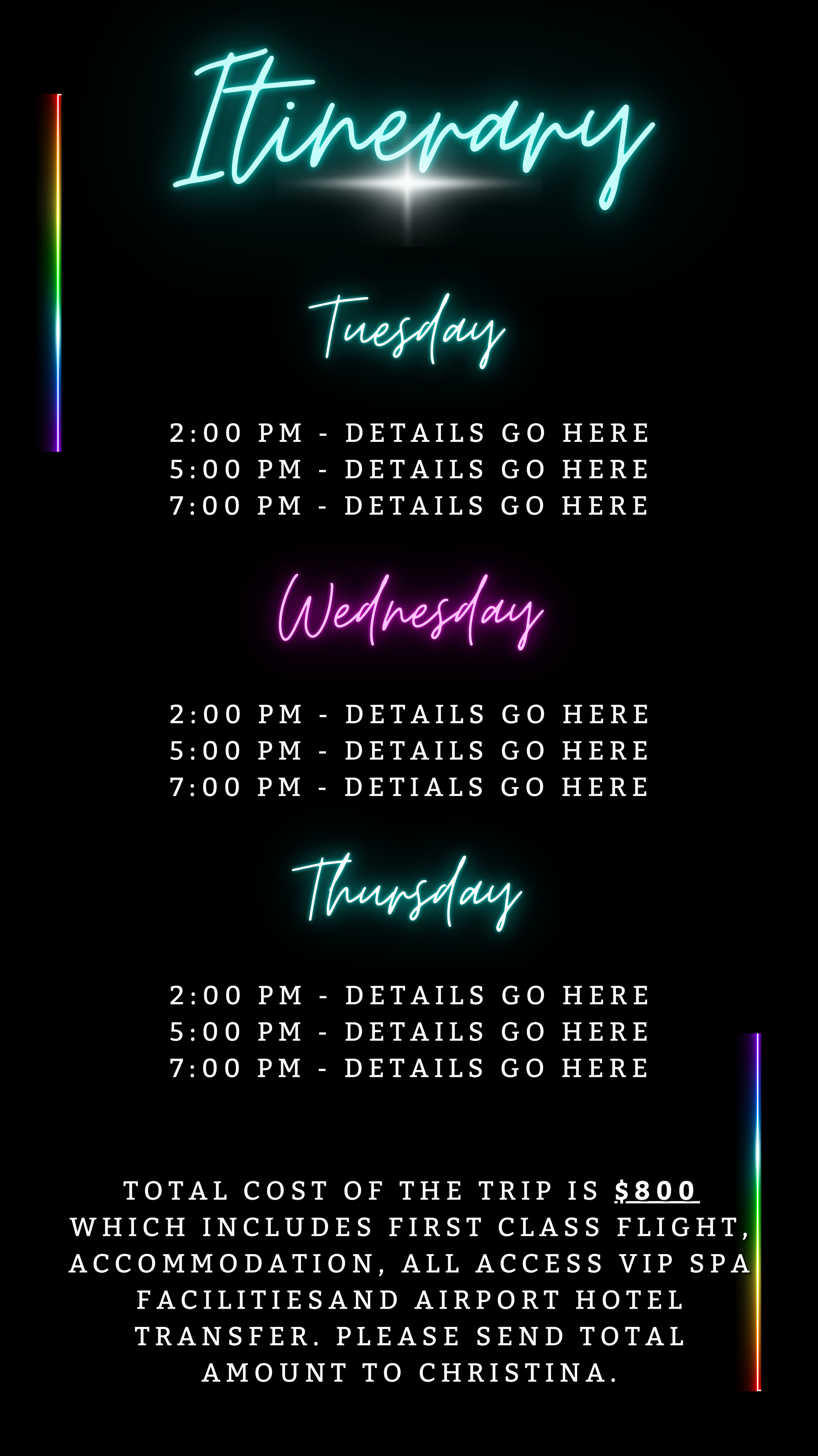 Miami Teal Pink Neon Getaway Party Evite with customizable neon text on a black background, ideal for digital invitations via smartphone using Canva.
