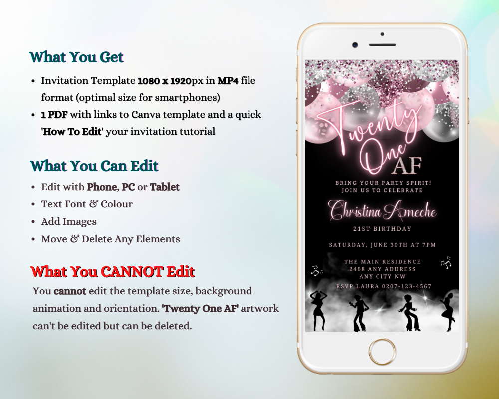 White smartphone displaying a customizable Mauve Pink Silver Neon 21AF Birthday Video Evite template for editing in Canva, ideal for digital invitations.