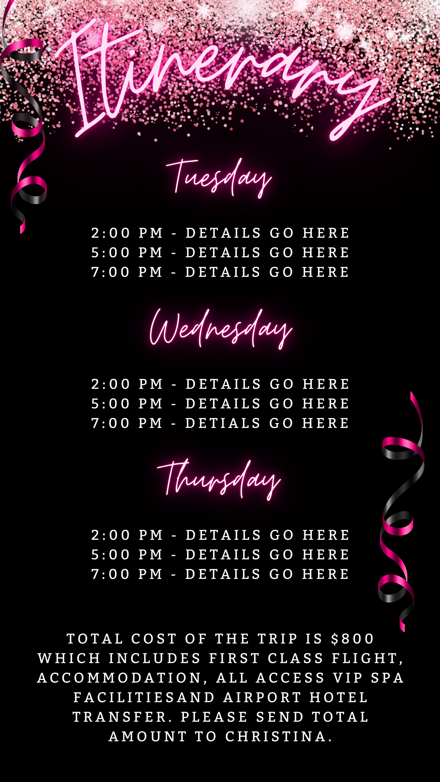 Neon Pink Glitter Confetti | Birthday Getaway Party Evite template with customizable text, available for instant download and editing via Canva.