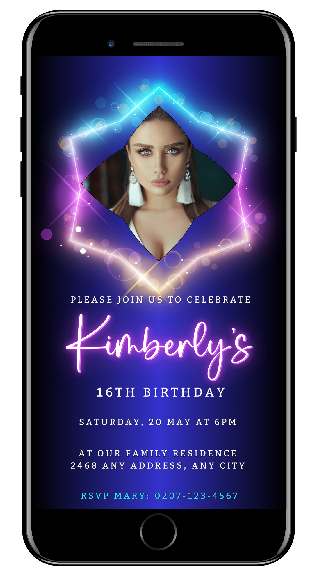 Customizable Digital Neon Purple Pink Birthday Party Evite displayed on a smartphone screen with a woman's face.