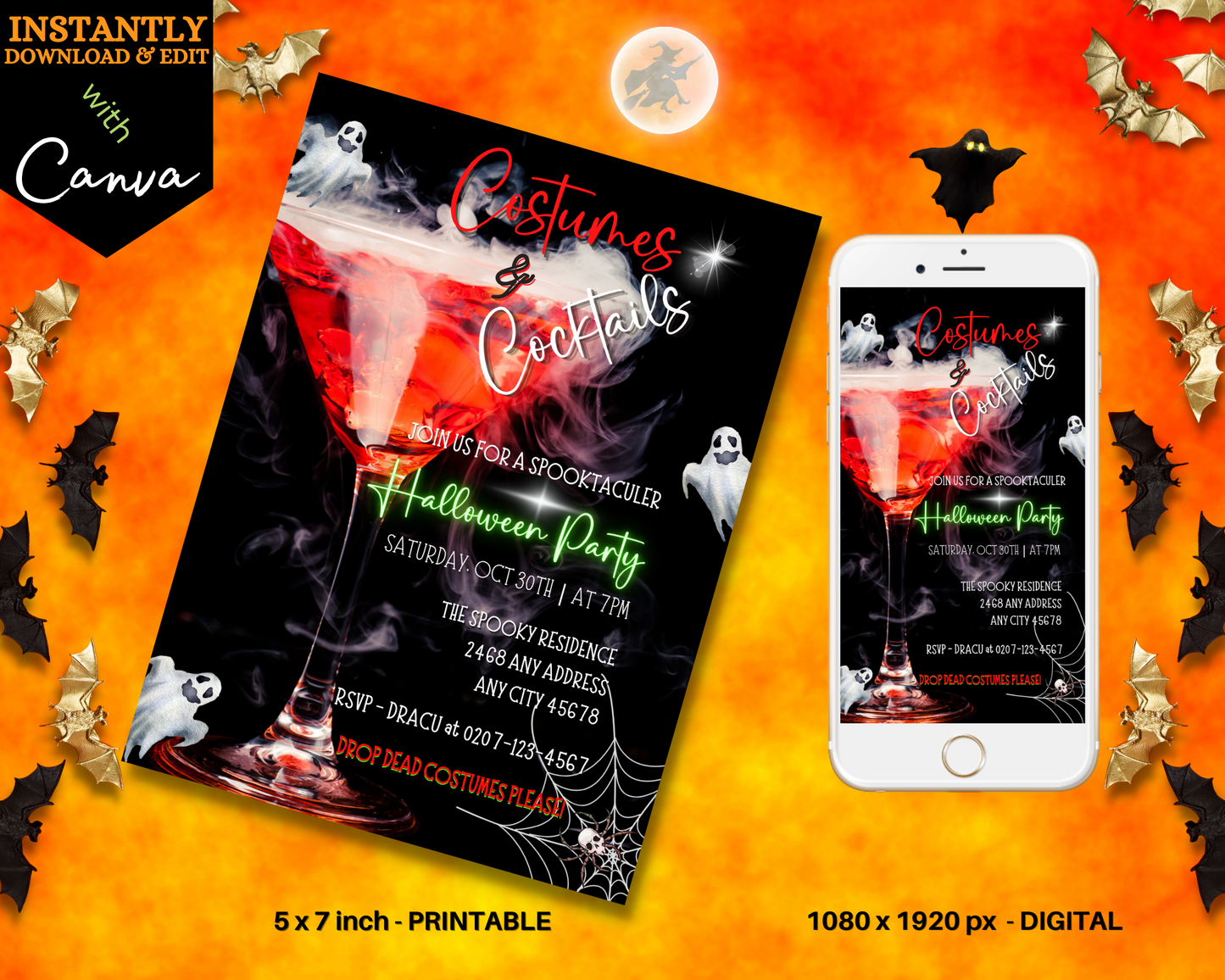 Phone displaying Smoking Wine Glass Ghosts Costumes & Cocktails Halloween Evite, customizable via Canva; includes video template and PDF link for personal use invitations.