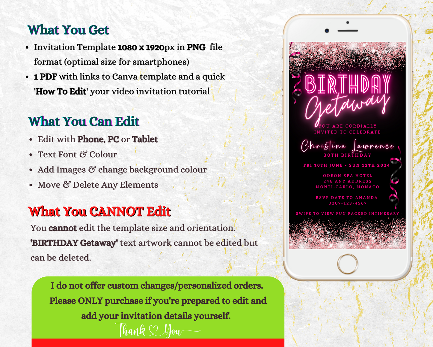 Cellphone displaying a customizable Neon Pink Glitter Confetti Birthday Getaway Party Evite, editable via Canva for digital invitations.