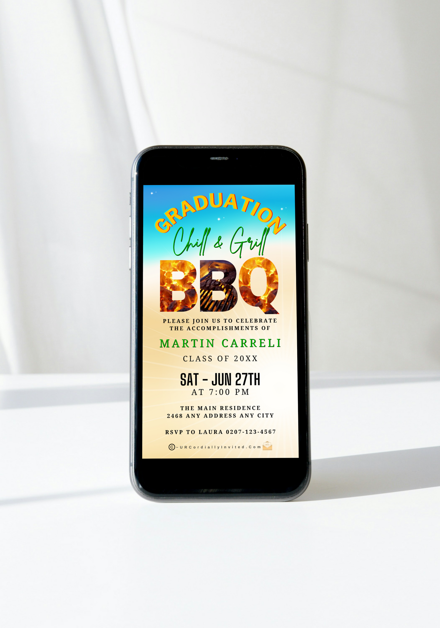 Graduation BBQ Video Invitation displayed on a smartphone screen, showcasing a customizable Chill & Grill Party theme. Perfect for personalizing and sharing digitally.