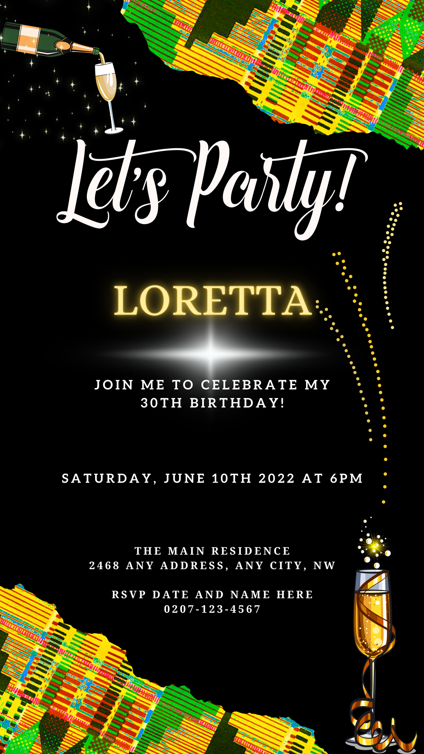 Editable Digital & Printable Green Yellow African Kente Birthday Party Evite featuring fireworks and a lit lighter, customizable via Canva on any device.