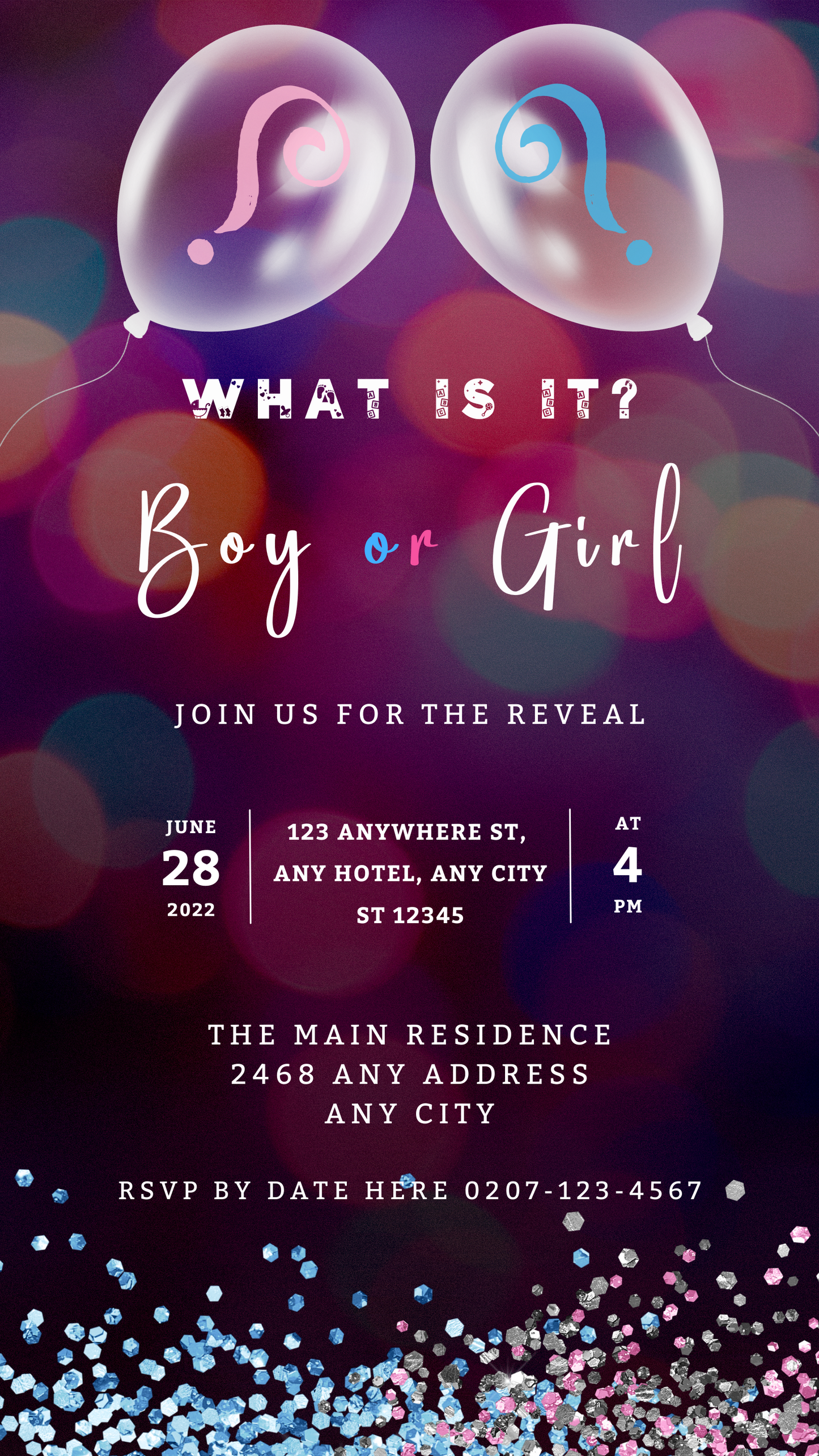 Balloon Pink Blue Bokeh Gender Reveal Evite with customizable text, featuring balloons and decorative elements for a baby shower invitation. Instantly editable via Canva.
